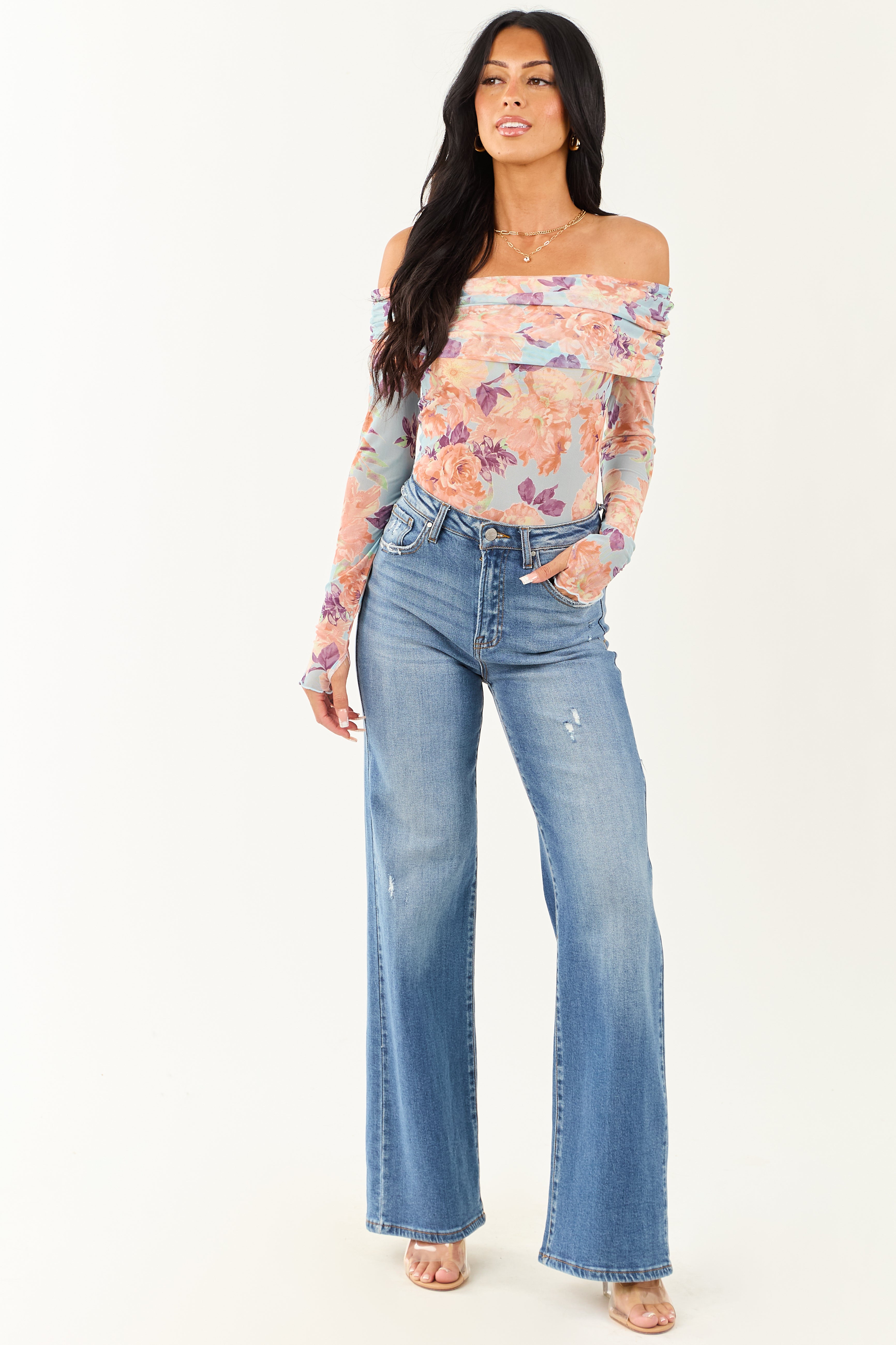 Sky Blue Floral Print Off the Shoulder Bodysuit | Lime Lush Boutique