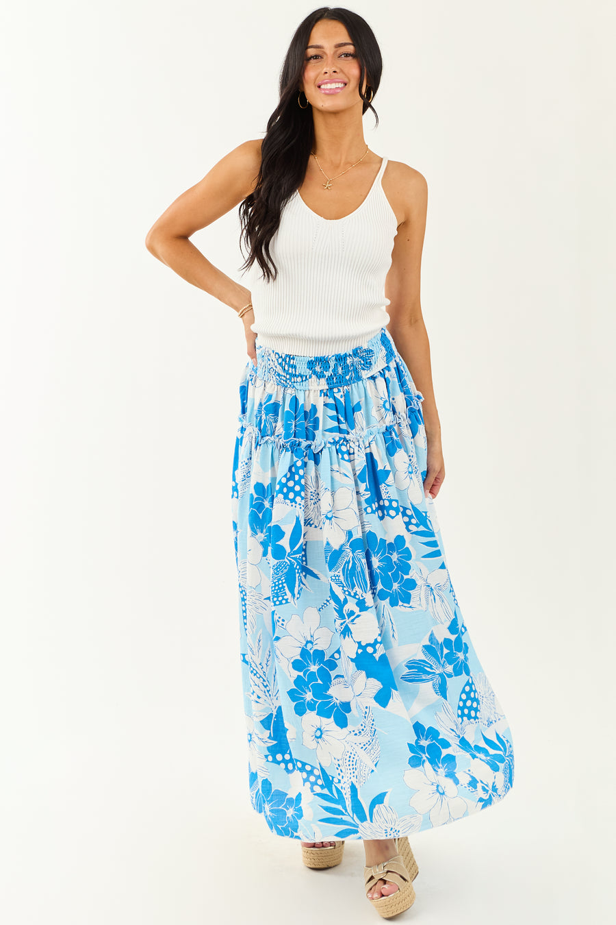 Sky Blue Floral Print Smocked Maxi Skirt
