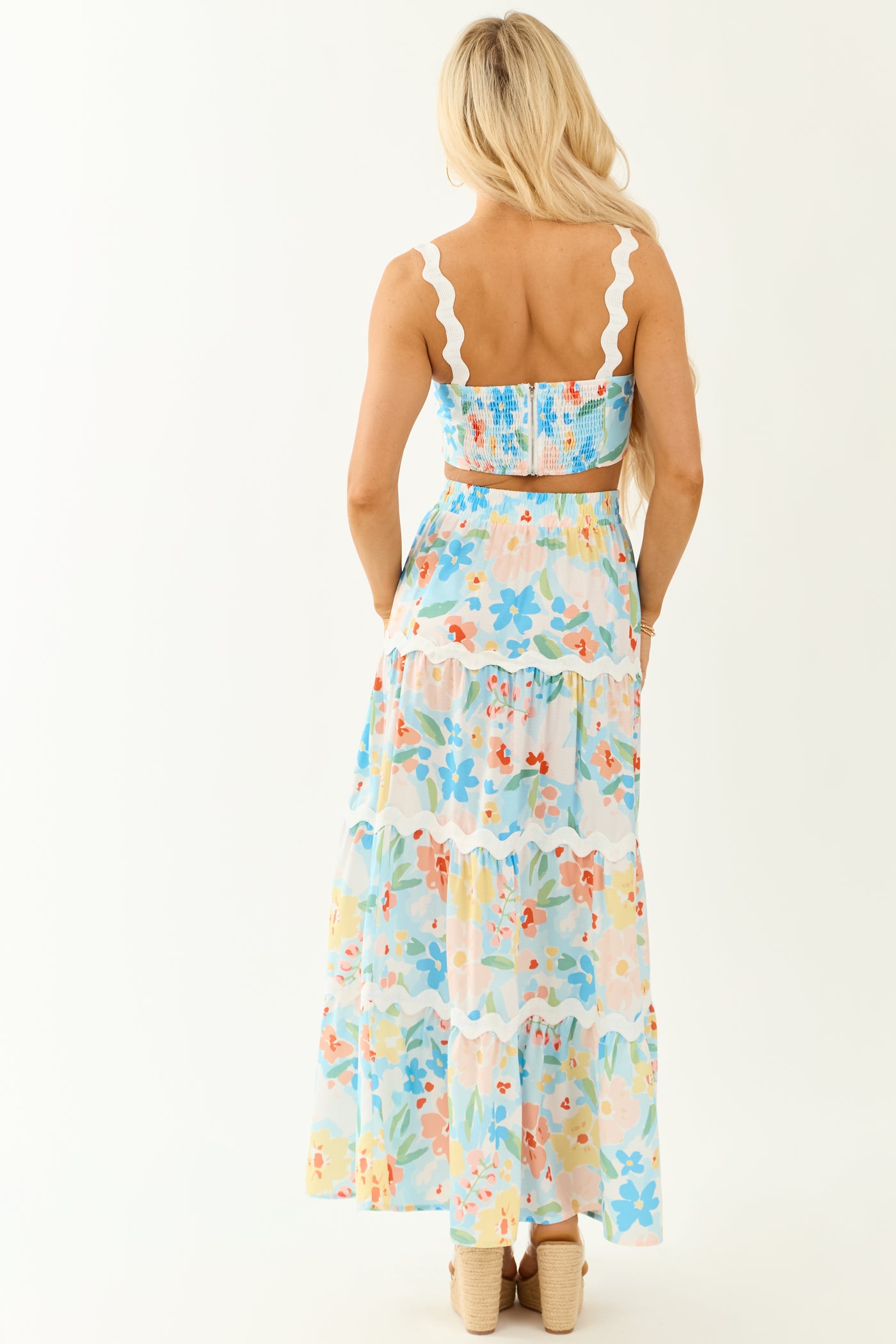 Sky Blue Floral Print Tank Top and Maxi Skirt Set