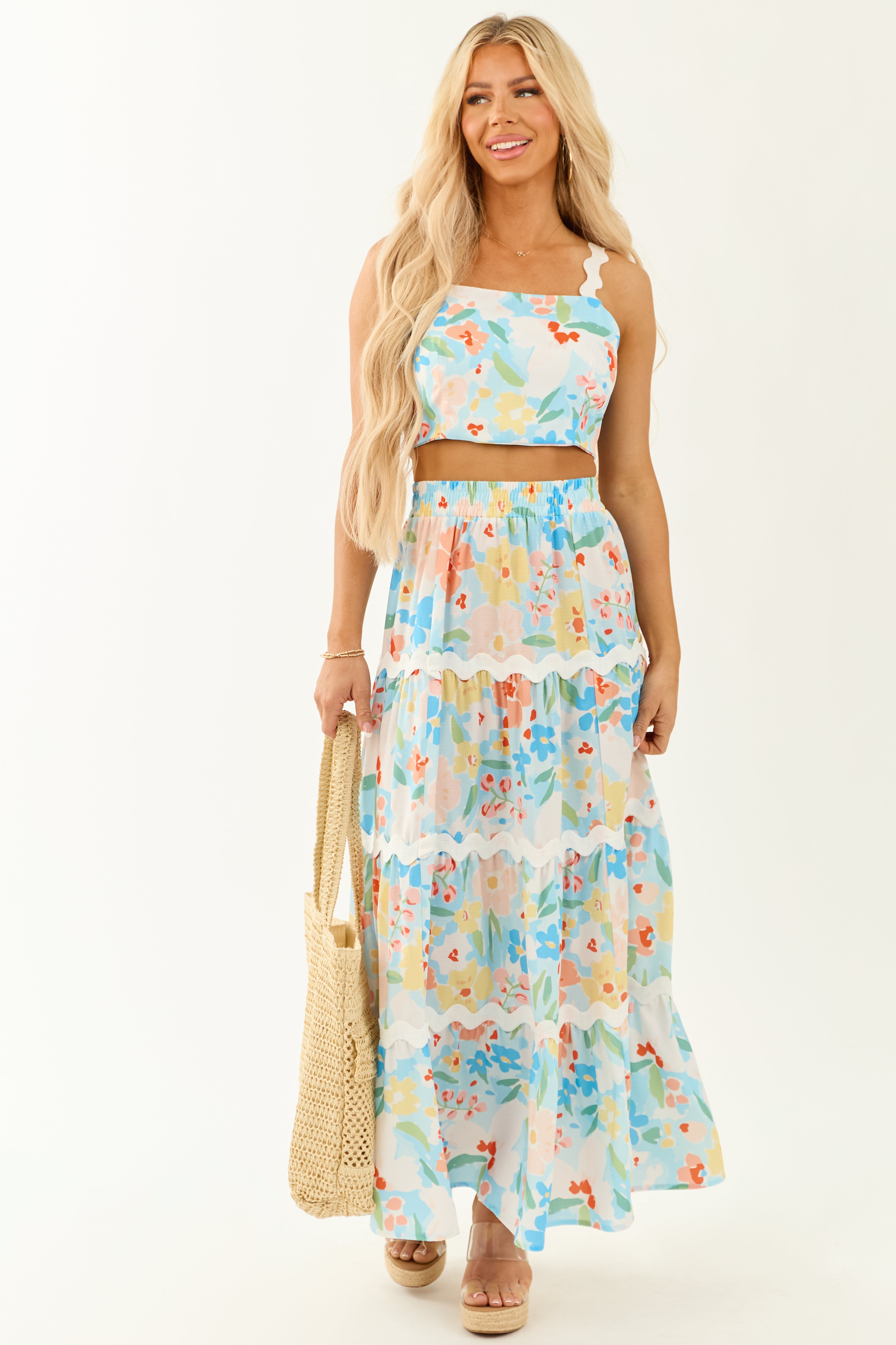 Sky Blue Floral Print Tank Top and Maxi Skirt Set