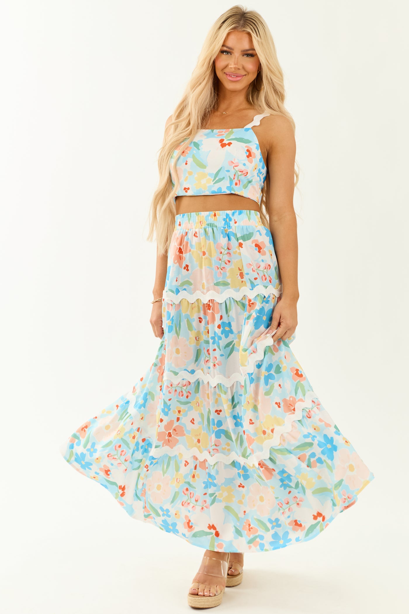 Sky Blue Floral Print Tank Top and Maxi Skirt Set