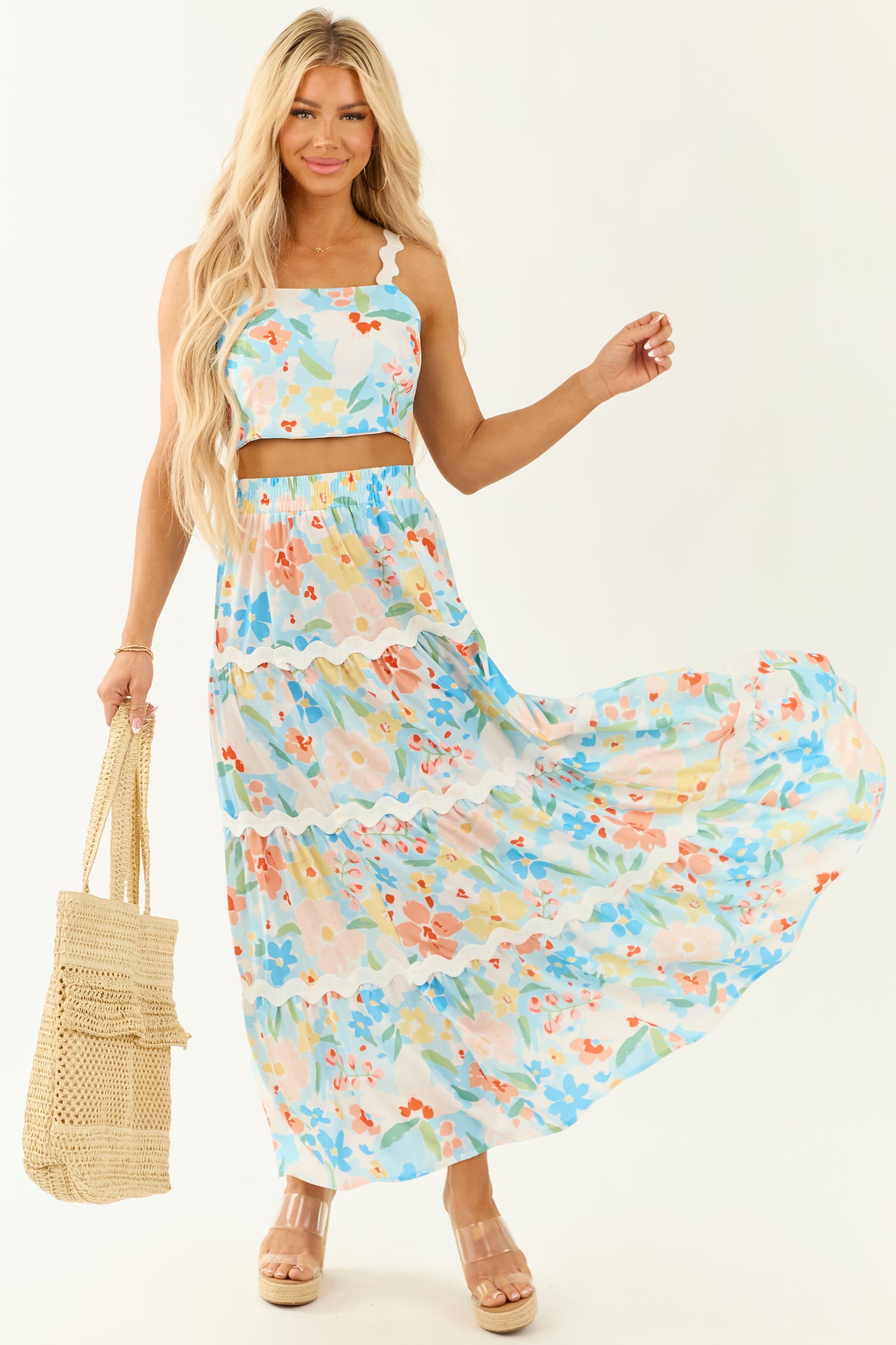 Sky Blue Floral Print Tank Top and Maxi Skirt Set