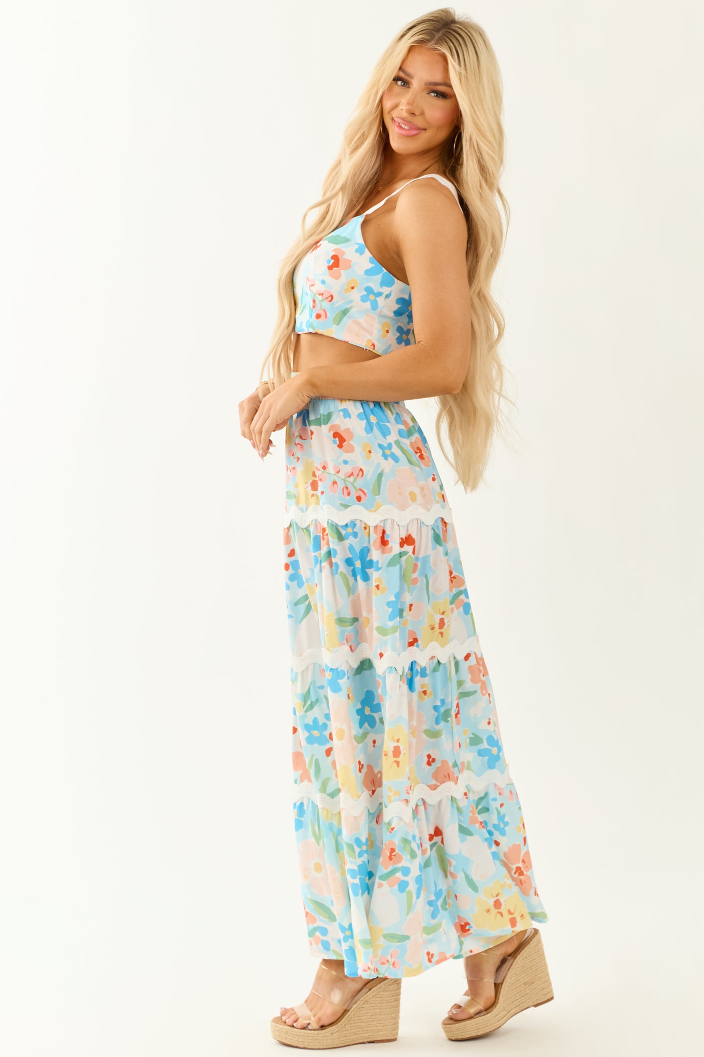 Sky Blue Floral Print Tank Top and Maxi Skirt Set