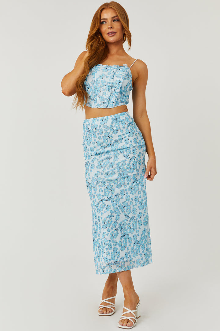 Sky Blue Floral Print Top and Maxi Skirt Set