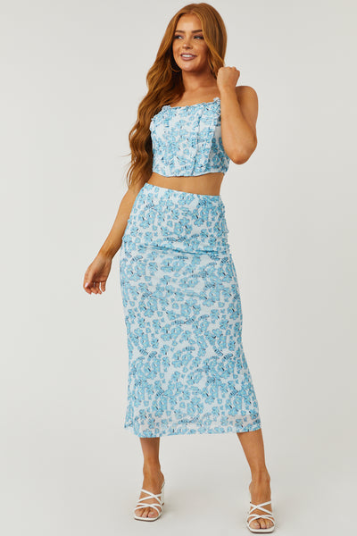 Sky Blue Floral Print Top and Maxi Skirt Set