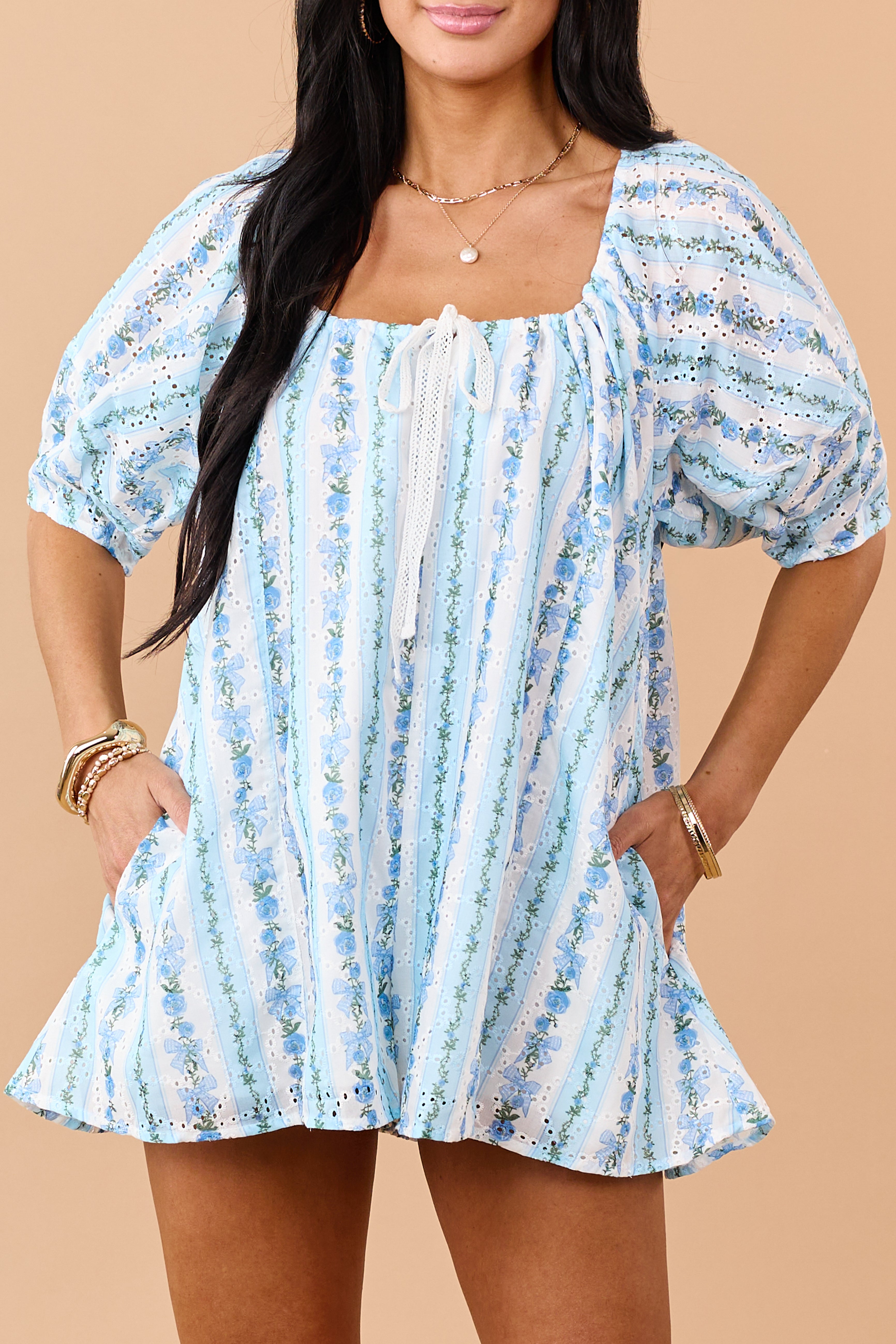Sky Blue Floral Striped Eyelet Lace Romper