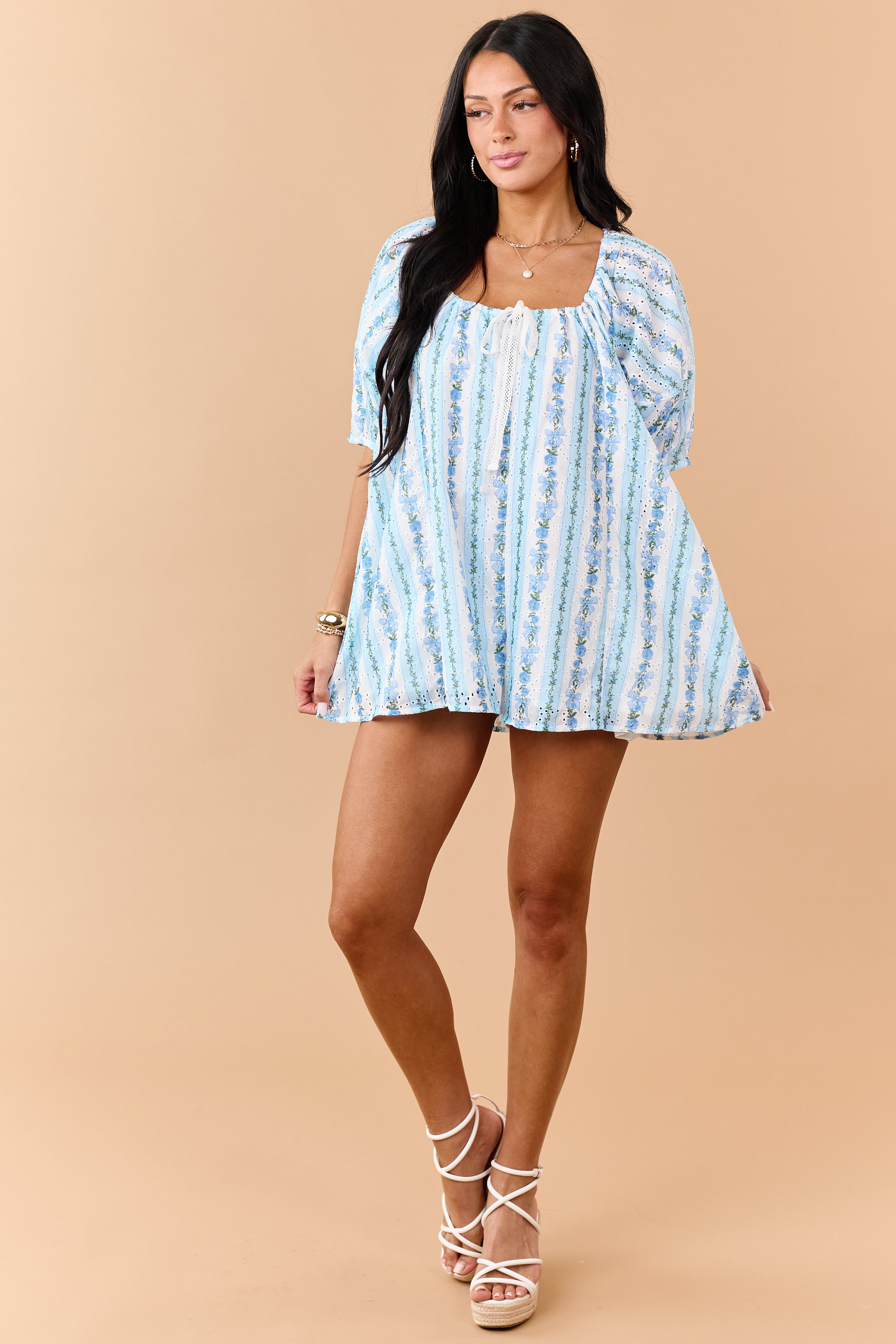 Sky Blue Floral Striped Eyelet Lace Romper