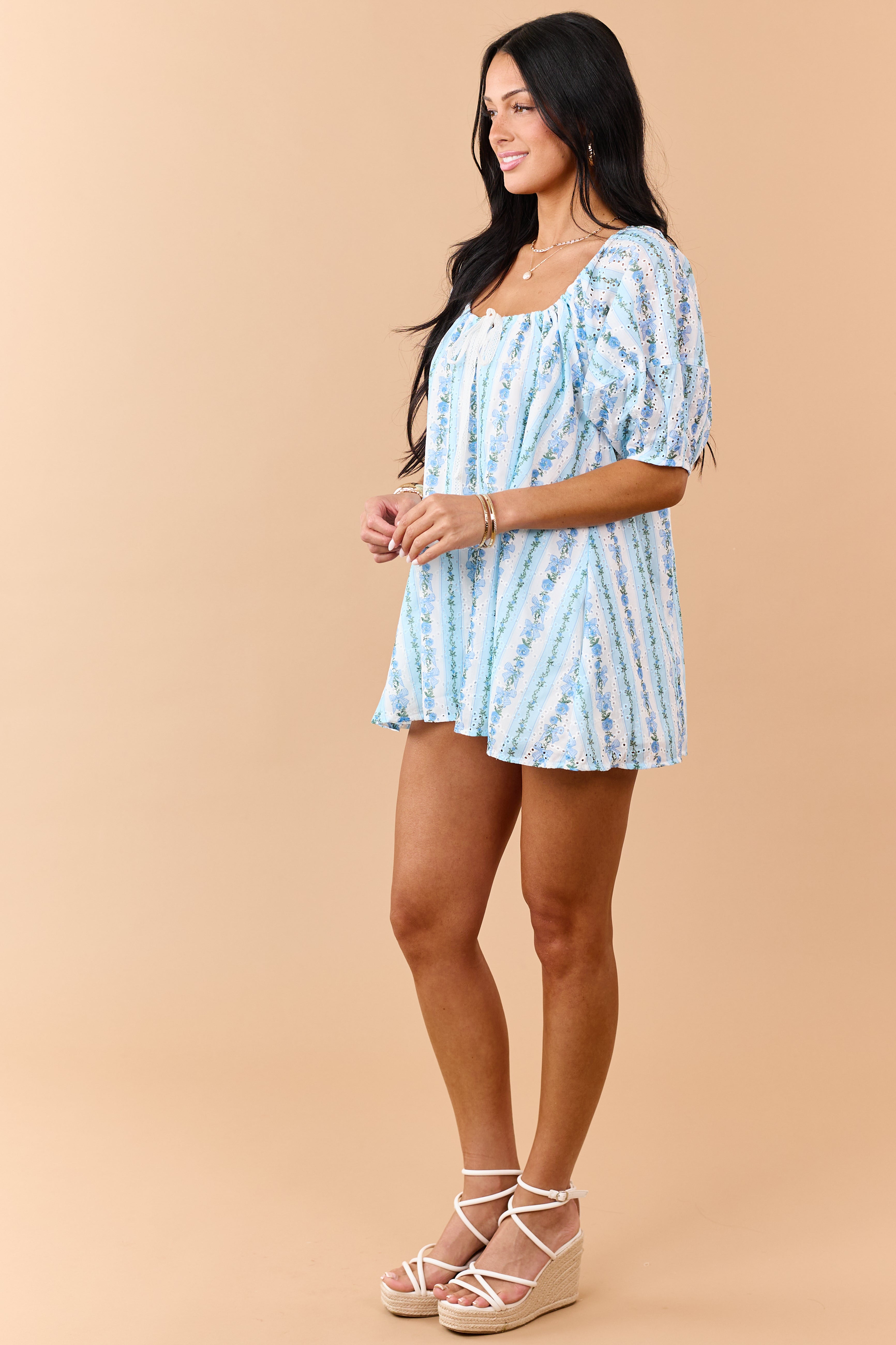 Sky Blue Floral Striped Eyelet Lace Romper