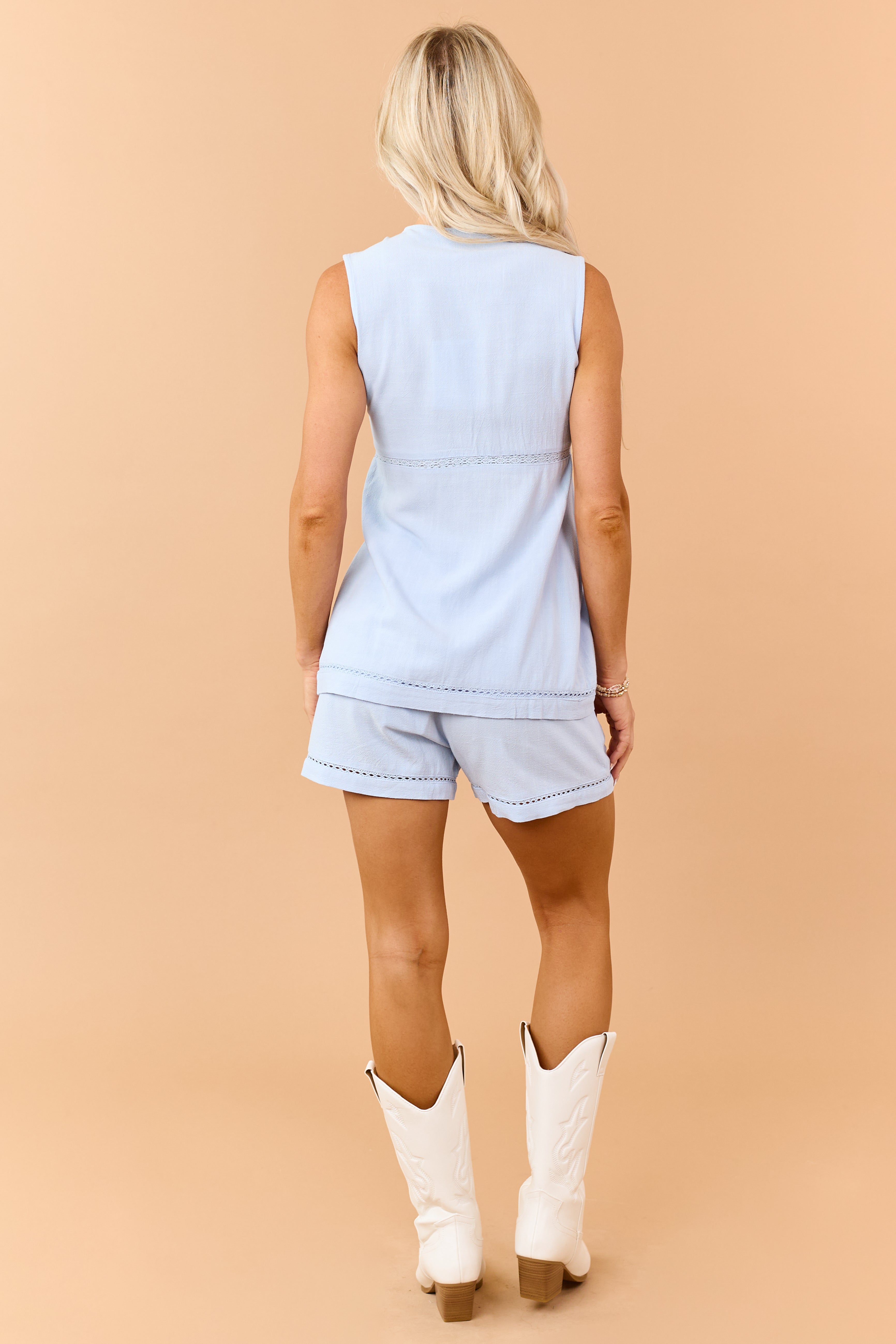 Sky Blue Lace Trim Linen Blend Waist Tie Shorts