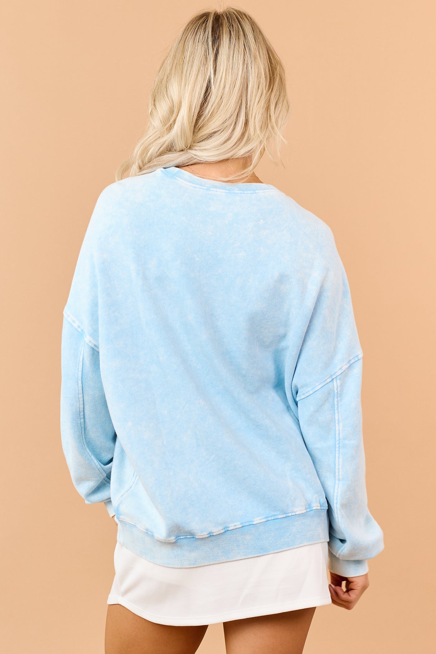 Sky Blue Rib Knit Acid Wash Relaxed Sweatshirt