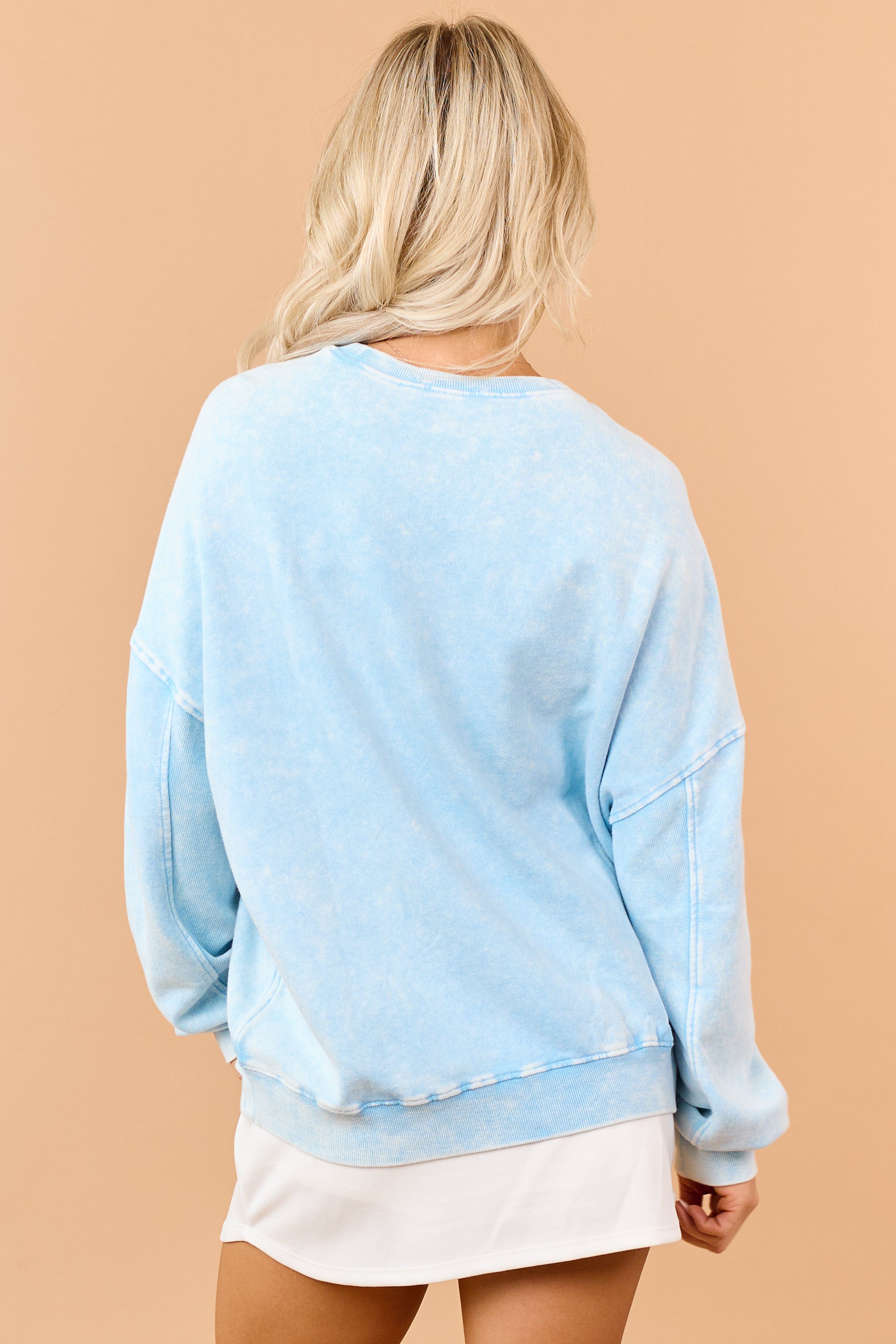 Sky Blue Rib Knit Acid Wash Relaxed Sweatshirt