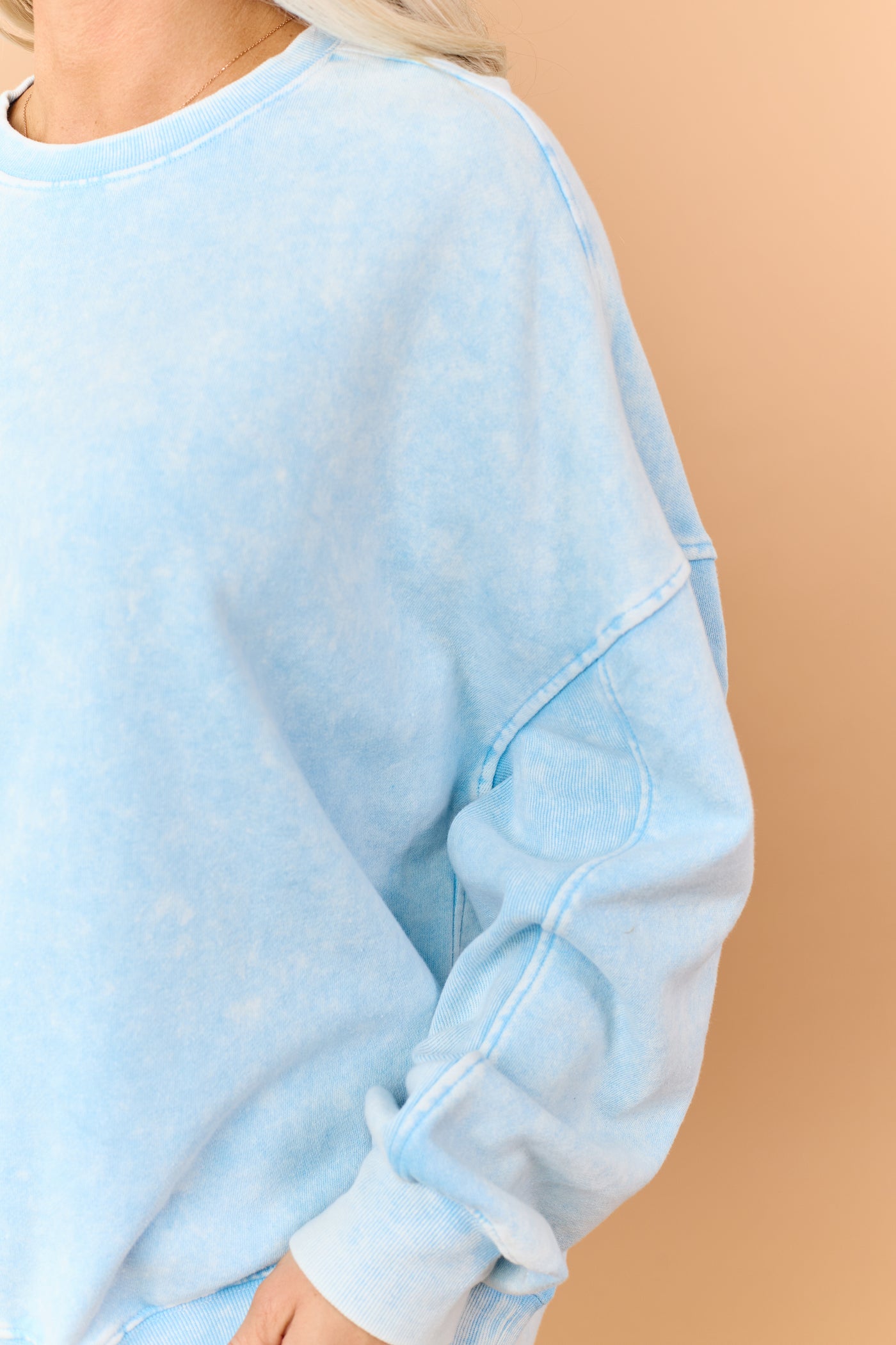 Sky Blue Rib Knit Acid Wash Relaxed Sweatshirt