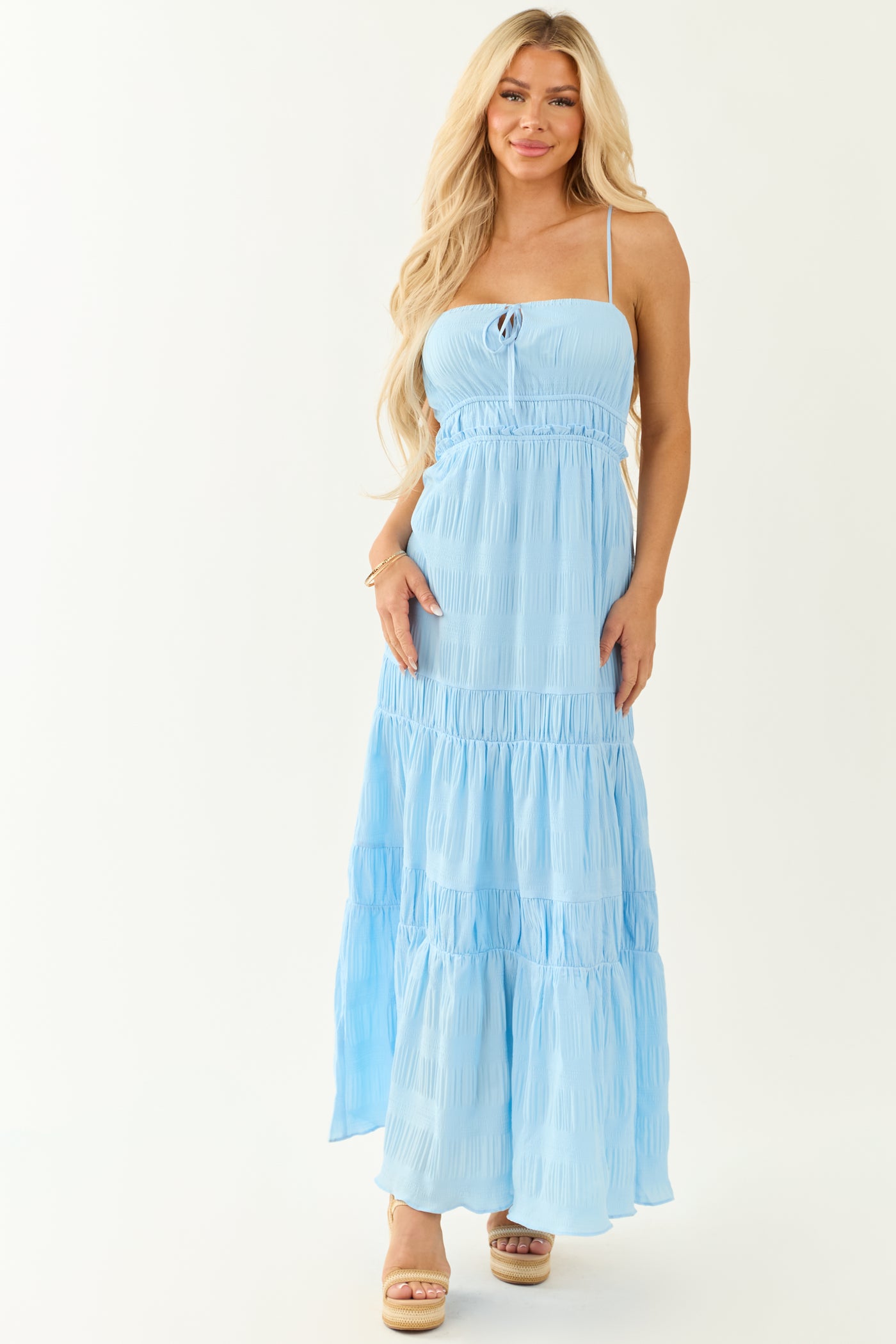 Sky Blue Ruched Tiered Sleeveless Maxi Dress Sky Blue Ruched Tiered Sleeveless Maxi Dress