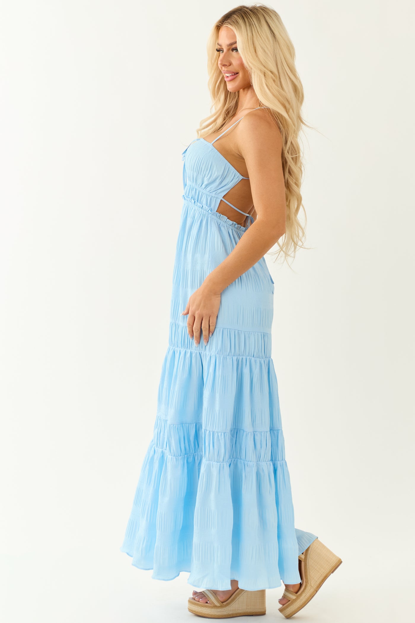 Sky Blue Ruched Tiered Sleeveless Maxi Dress Sky Blue Ruched Tiered Sleeveless Maxi Dress