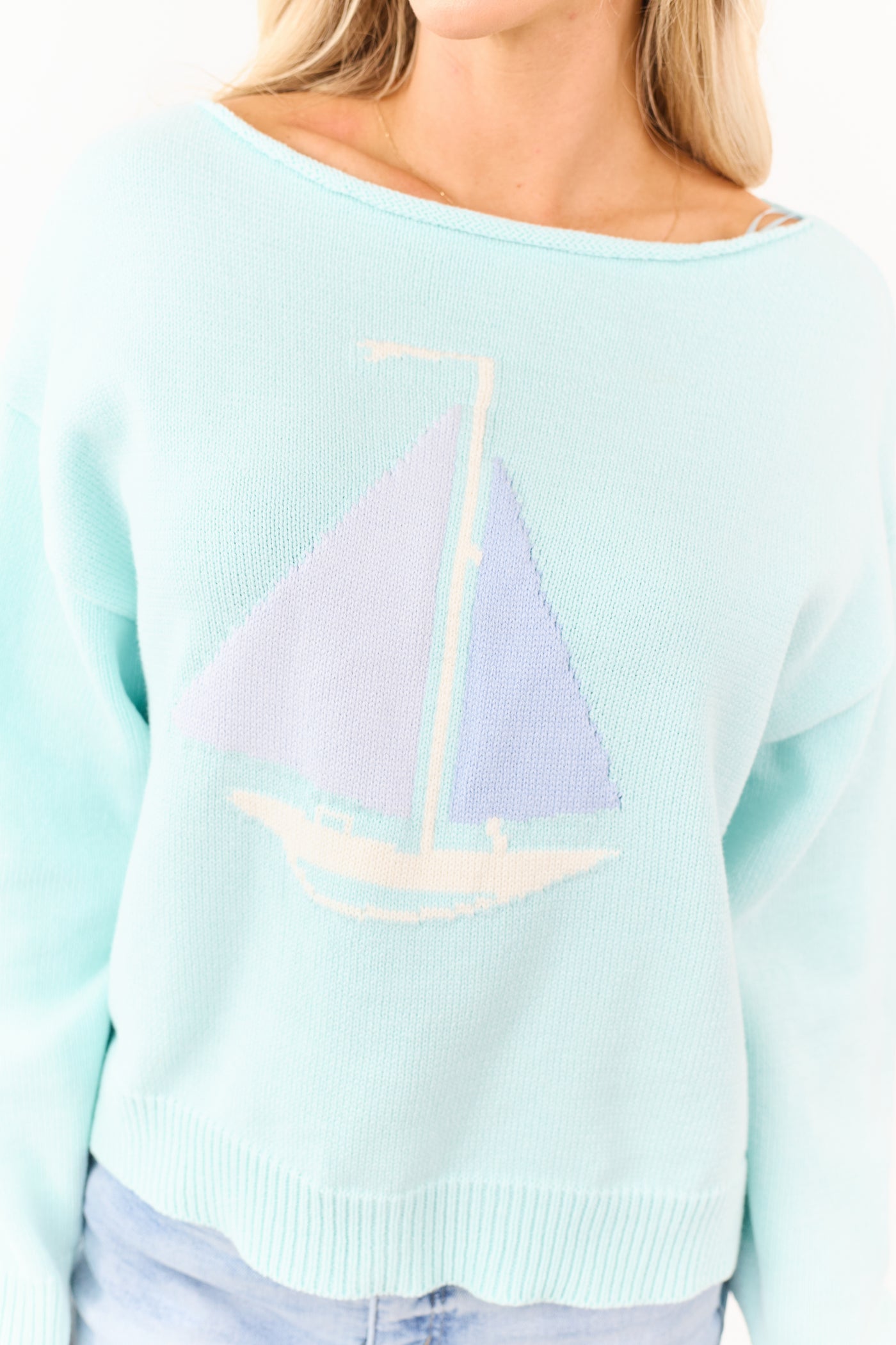 Sky Blue Sailboat Graphic Boatneck Sweater