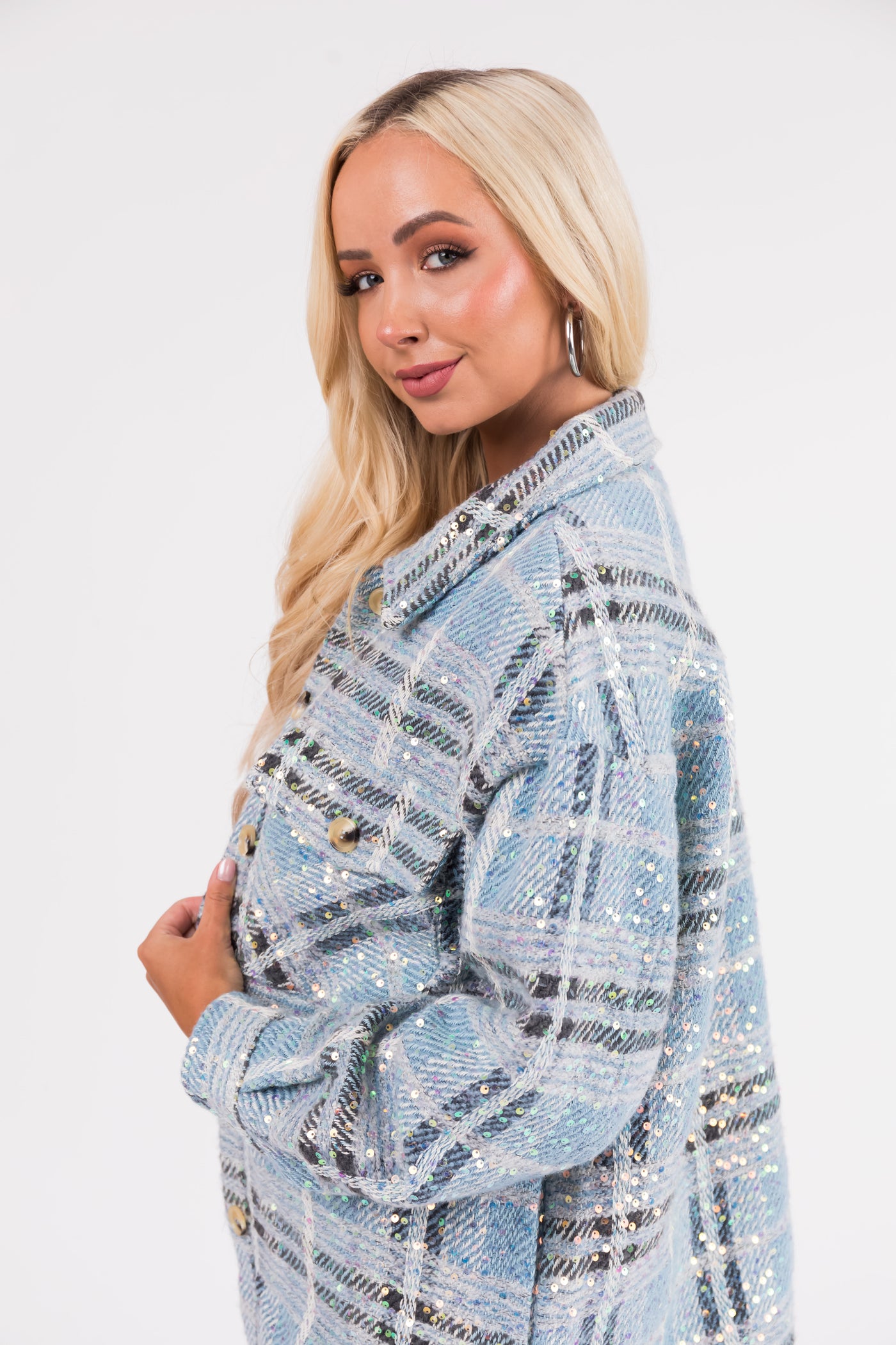 Sky Blue Sequined Plaid Button Down Shacket