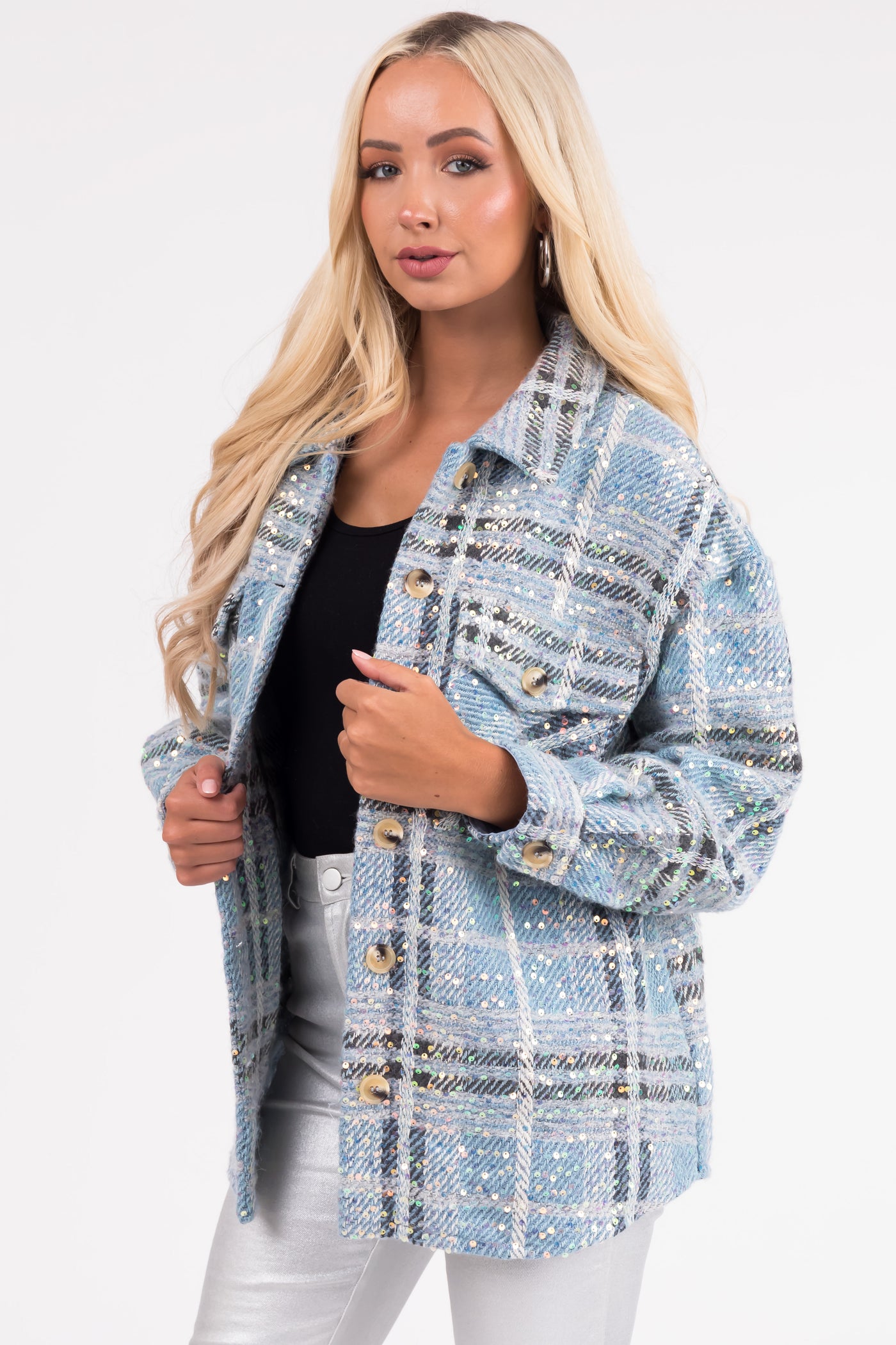 Sky Blue Sequined Plaid Button Down Shacket