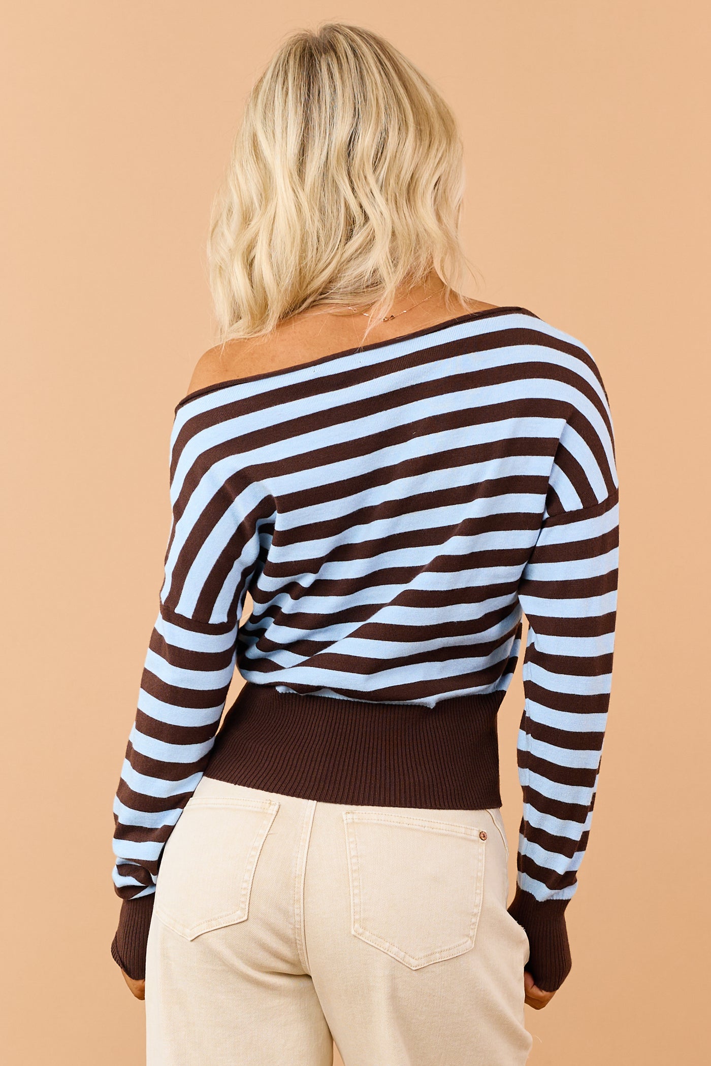 Sky Blue Striped Boatneck Soft Knit Sweater