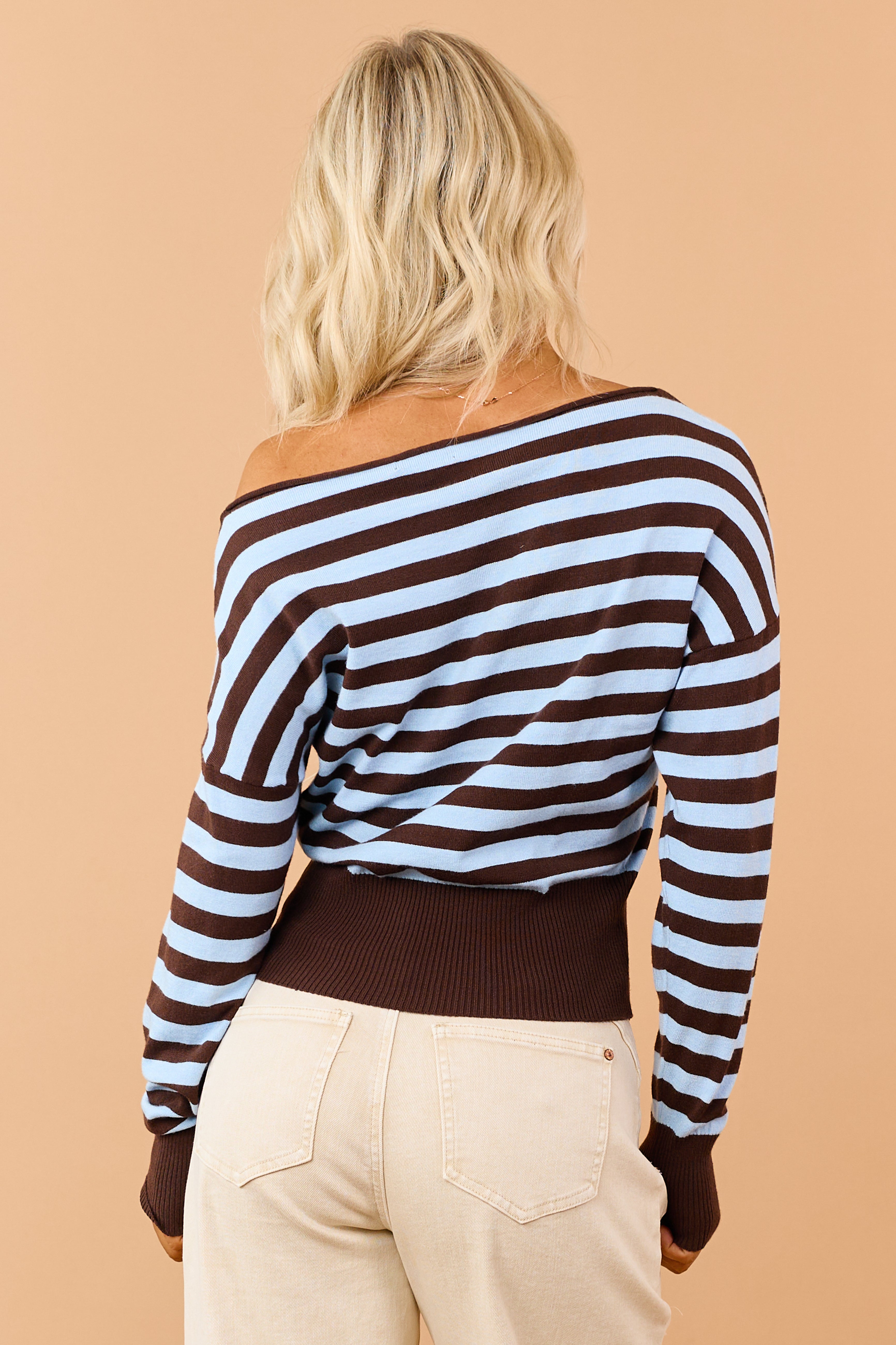 Sky Blue Striped Boatneck Soft Knit Sweater