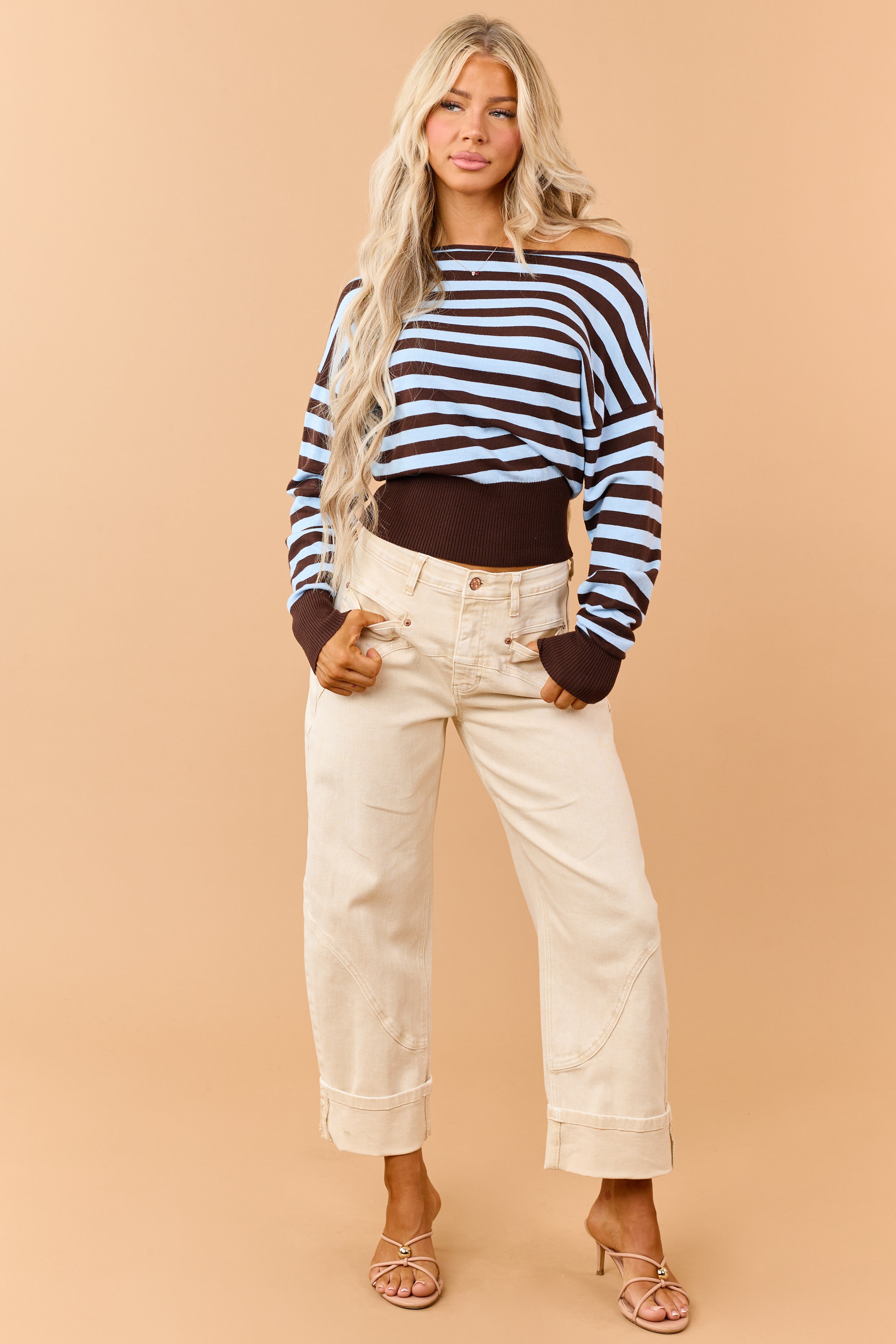 Sky Blue Striped Boatneck Soft Knit Sweater