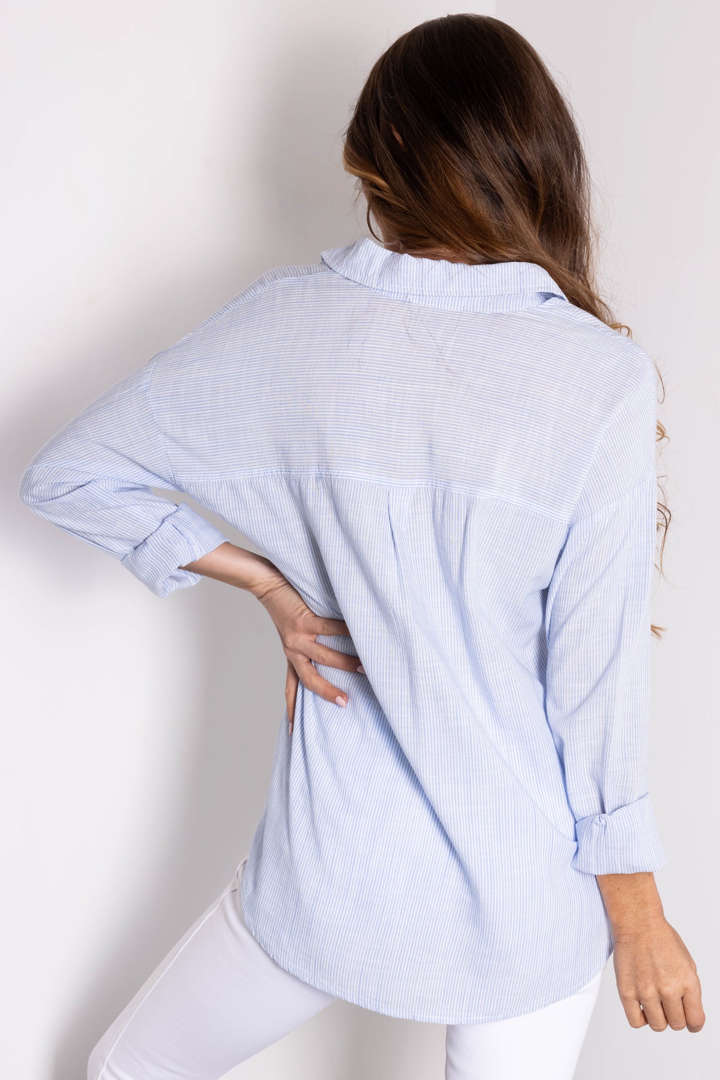 Sky Blue Striped Button Down Long Sleeve Top