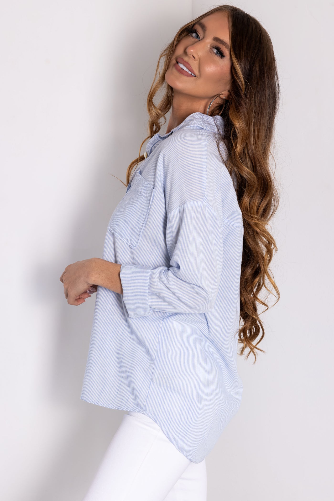 Sky Blue Striped Button Down Long Sleeve Top