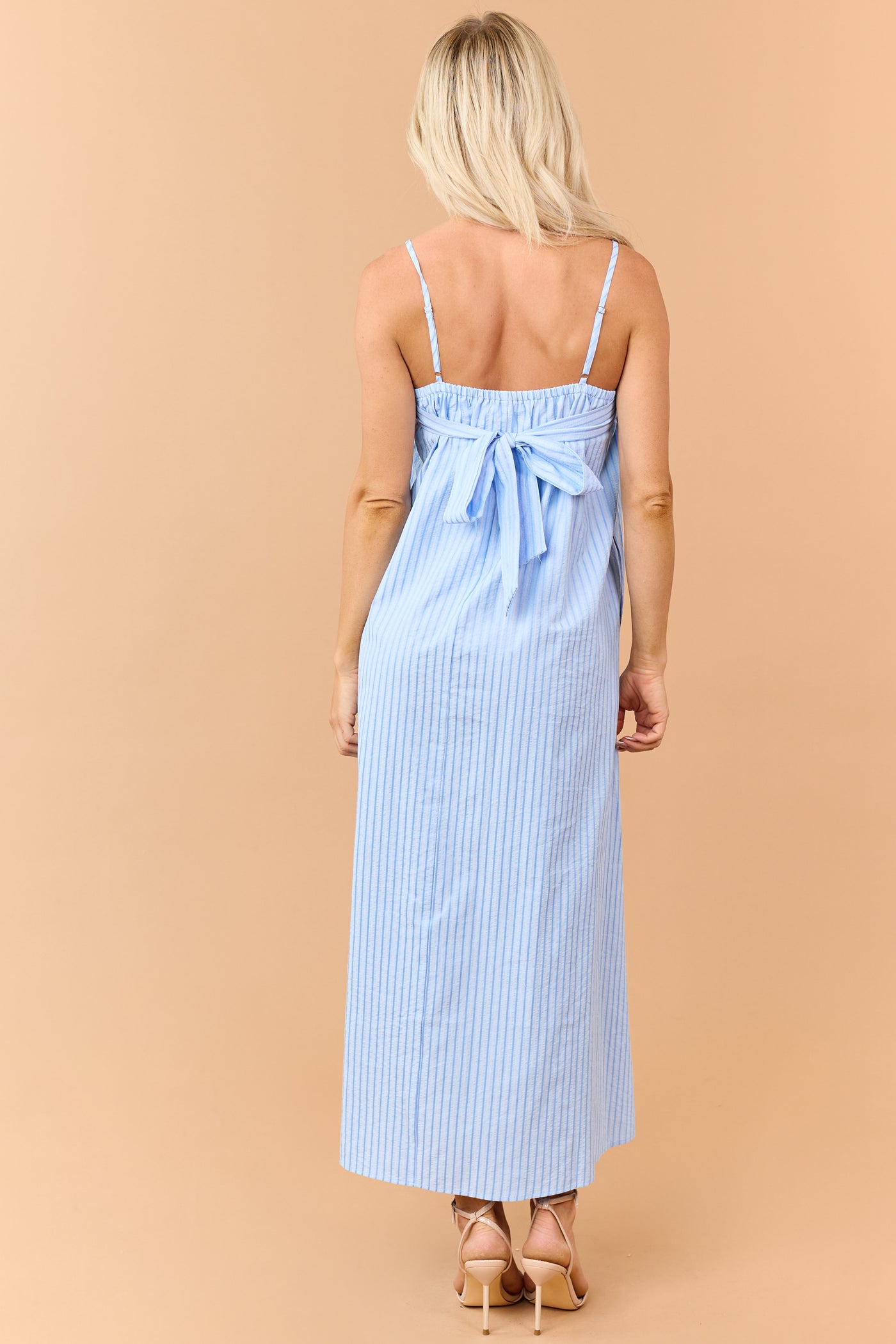 Sky Blue Striped Sleeveless Back Tie Maxi Dress