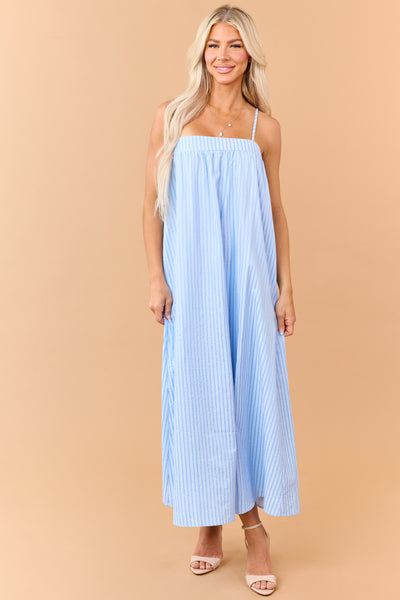 Sky Blue Striped Sleeveless Back Tie Maxi Dress