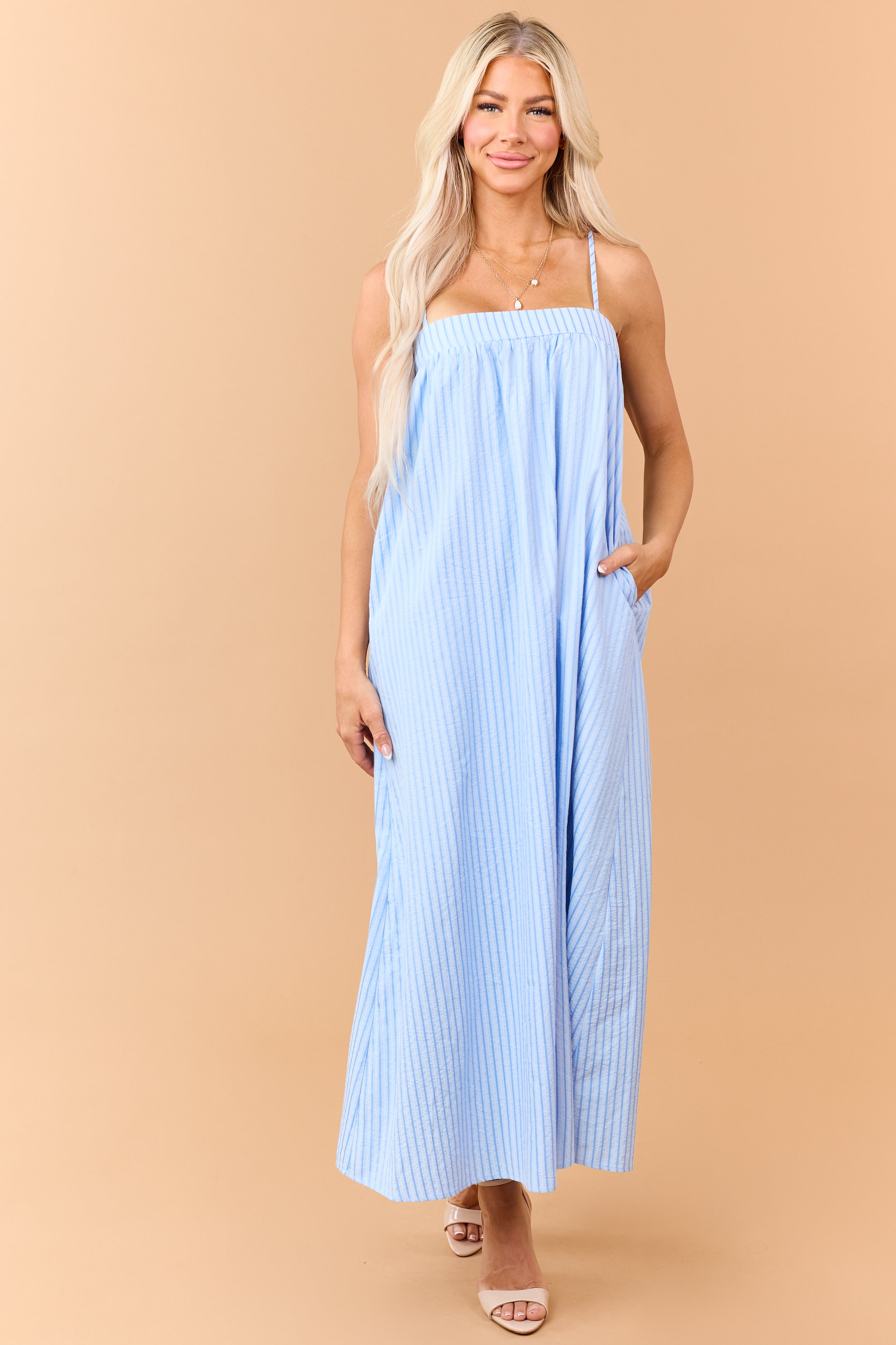 Sky Blue Striped Sleeveless Back Tie Maxi Dress