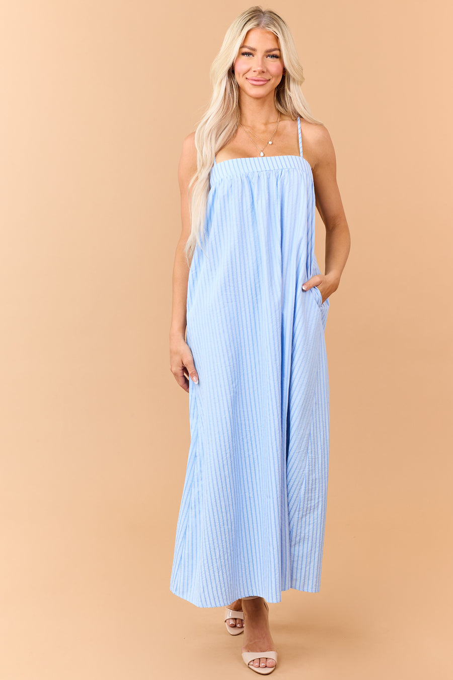 Sky Blue Striped Sleeveless Back Tie Maxi Dress