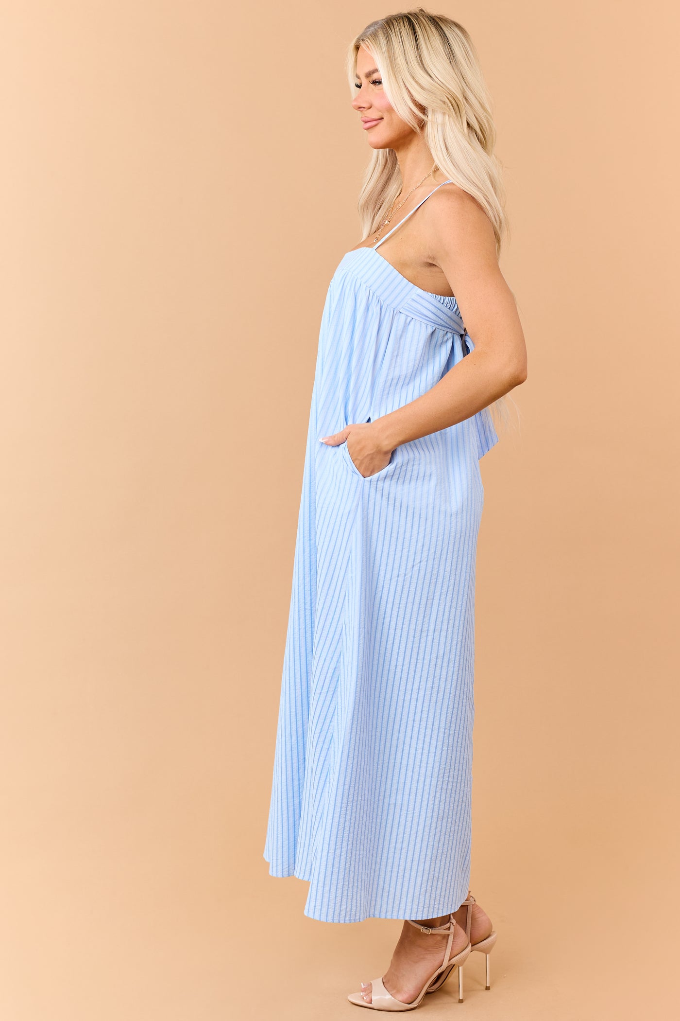Sky Blue Striped Sleeveless Back Tie Maxi Dress