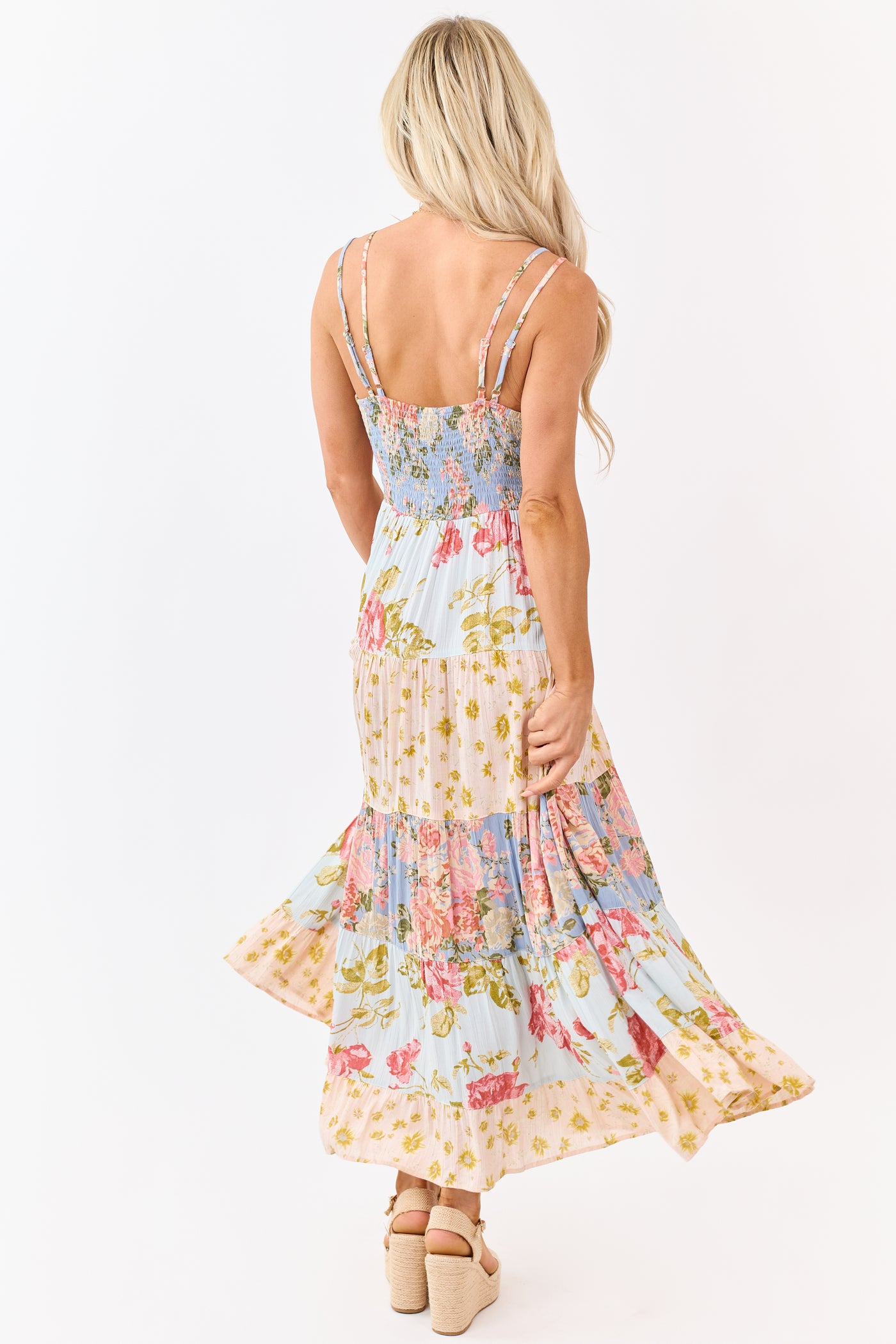 Sky Blue Tiered Mix Print Floral Lace Trim Maxi Dress