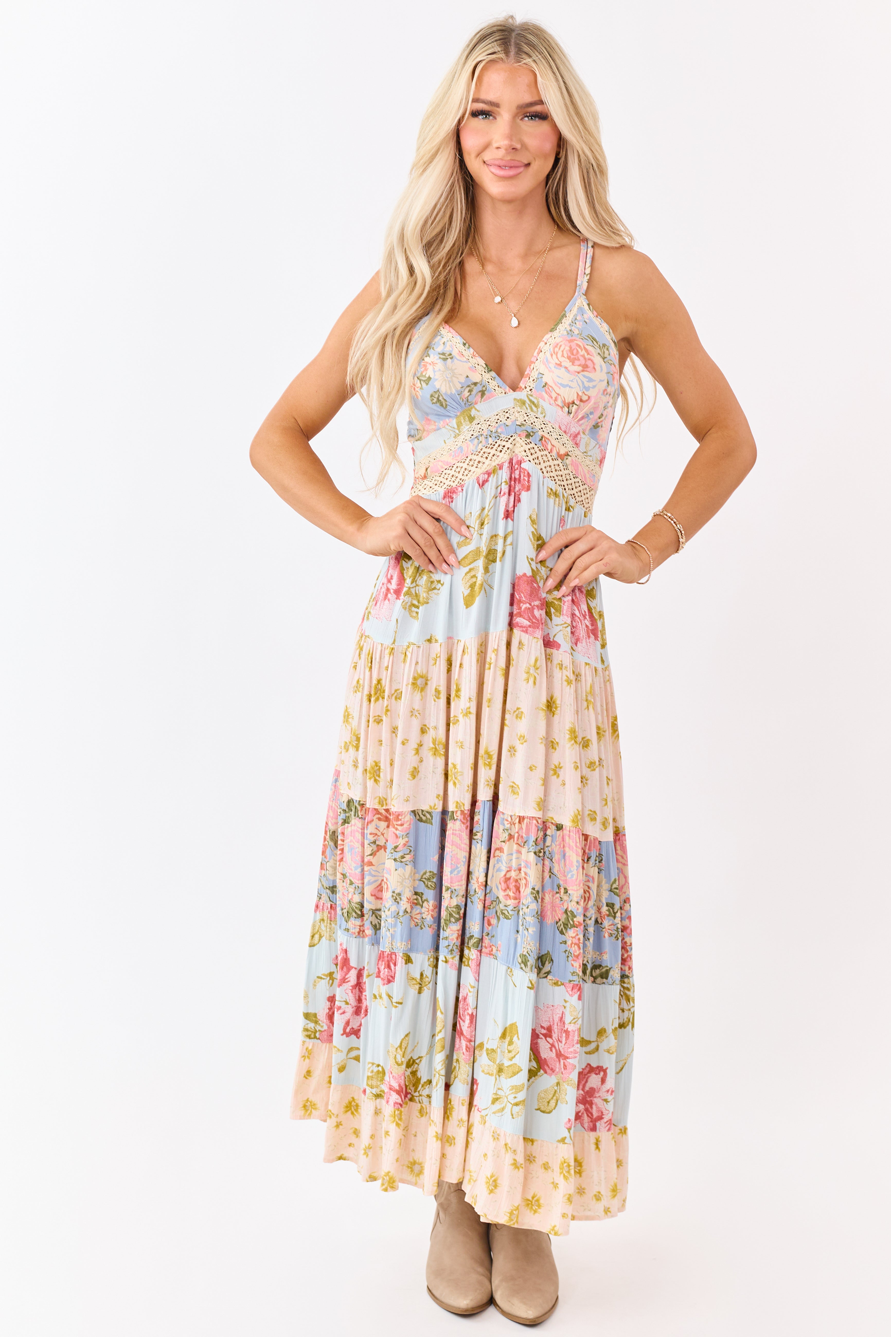 Sky Blue Tiered Mix Print Floral Lace Trim Maxi Dress