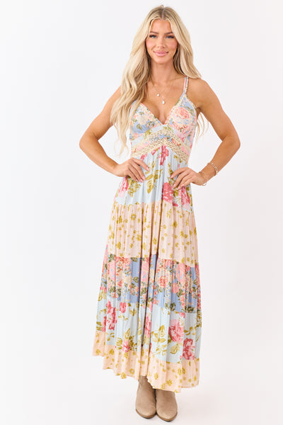 Sky Blue Tiered Mix Print Floral Lace Trim Maxi Dress