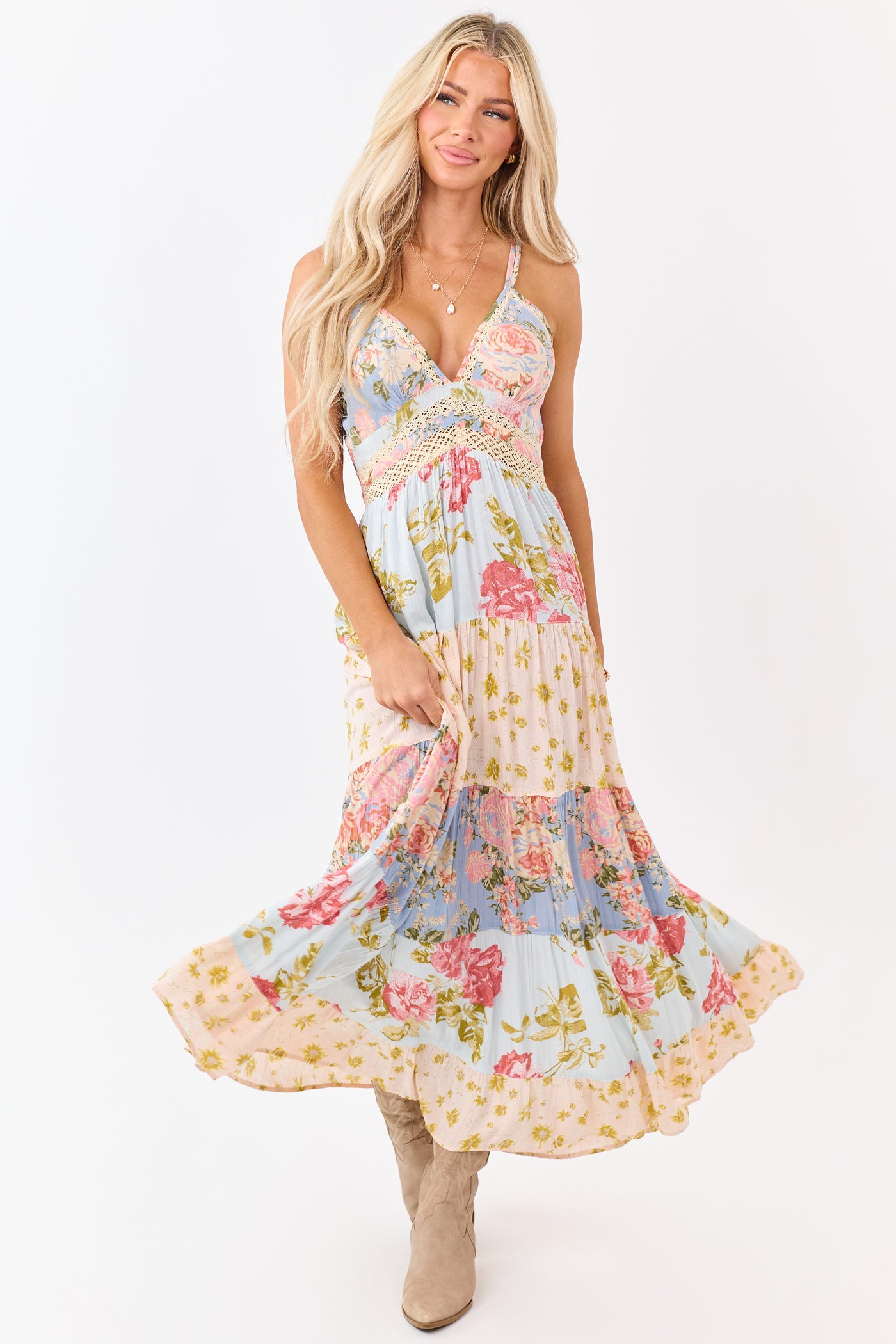 Sky Blue Tiered Mix Print Floral Lace Trim Maxi Dress