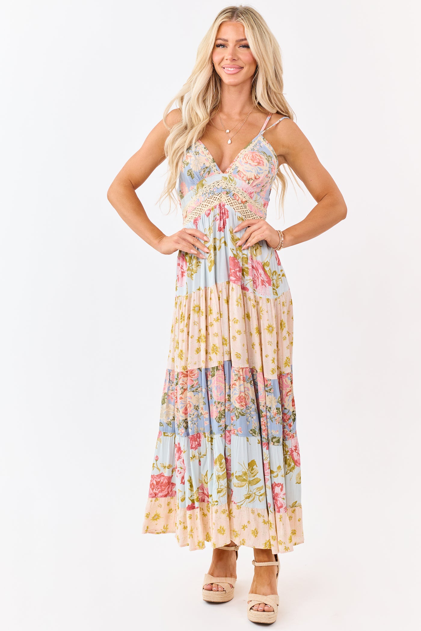 Sky Blue Tiered Mix Print Floral Lace Trim Maxi Dress
