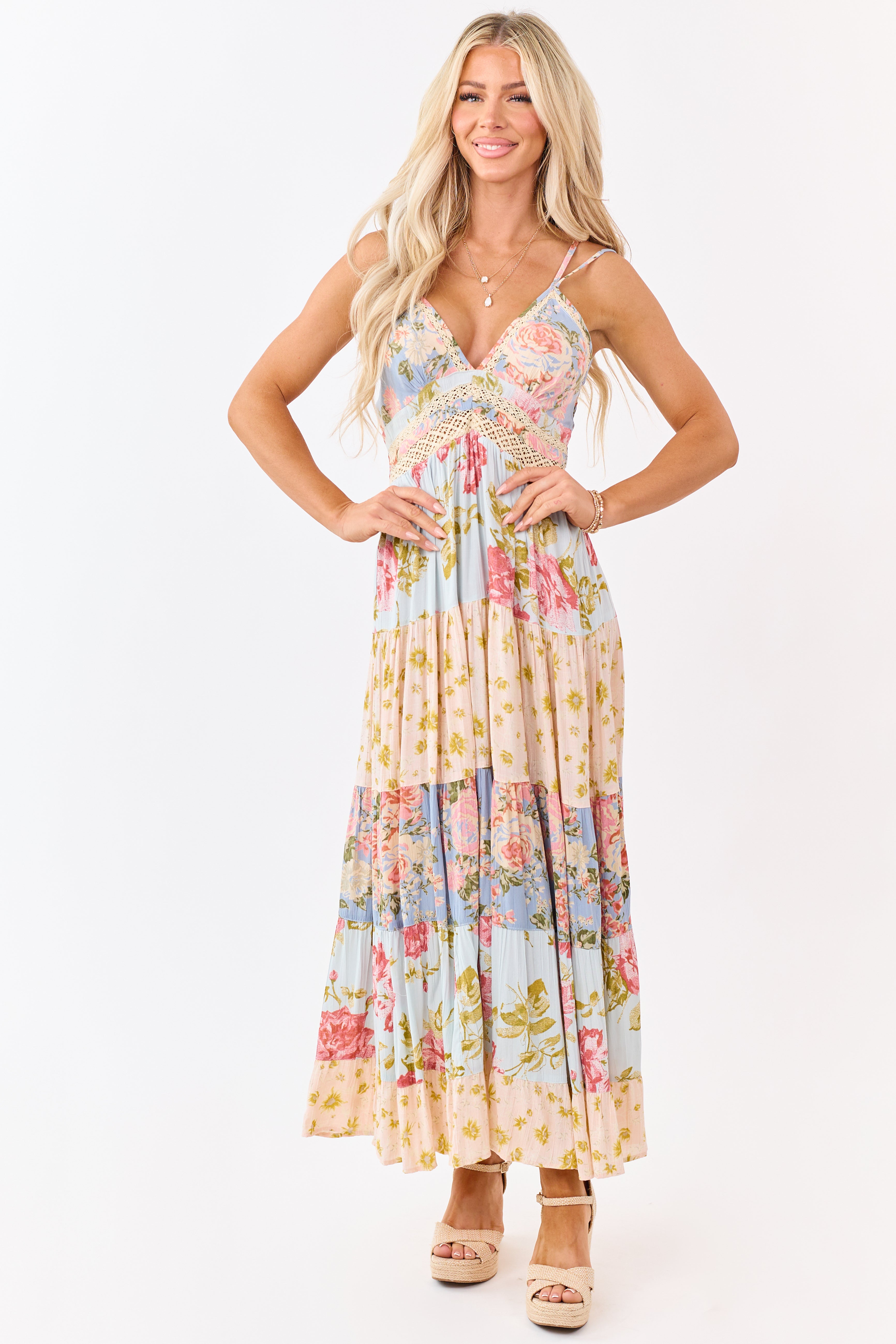 Sky Blue Tiered Mix Print Floral Lace Trim Maxi Dress