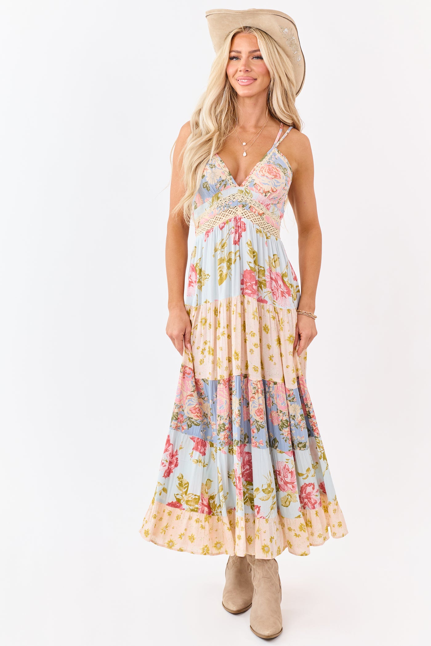 Sky Blue Tiered Mix Print Floral Lace Trim Maxi Dress Sky Blue Tiered Mix Print Floral Lace Trim Maxi Dress