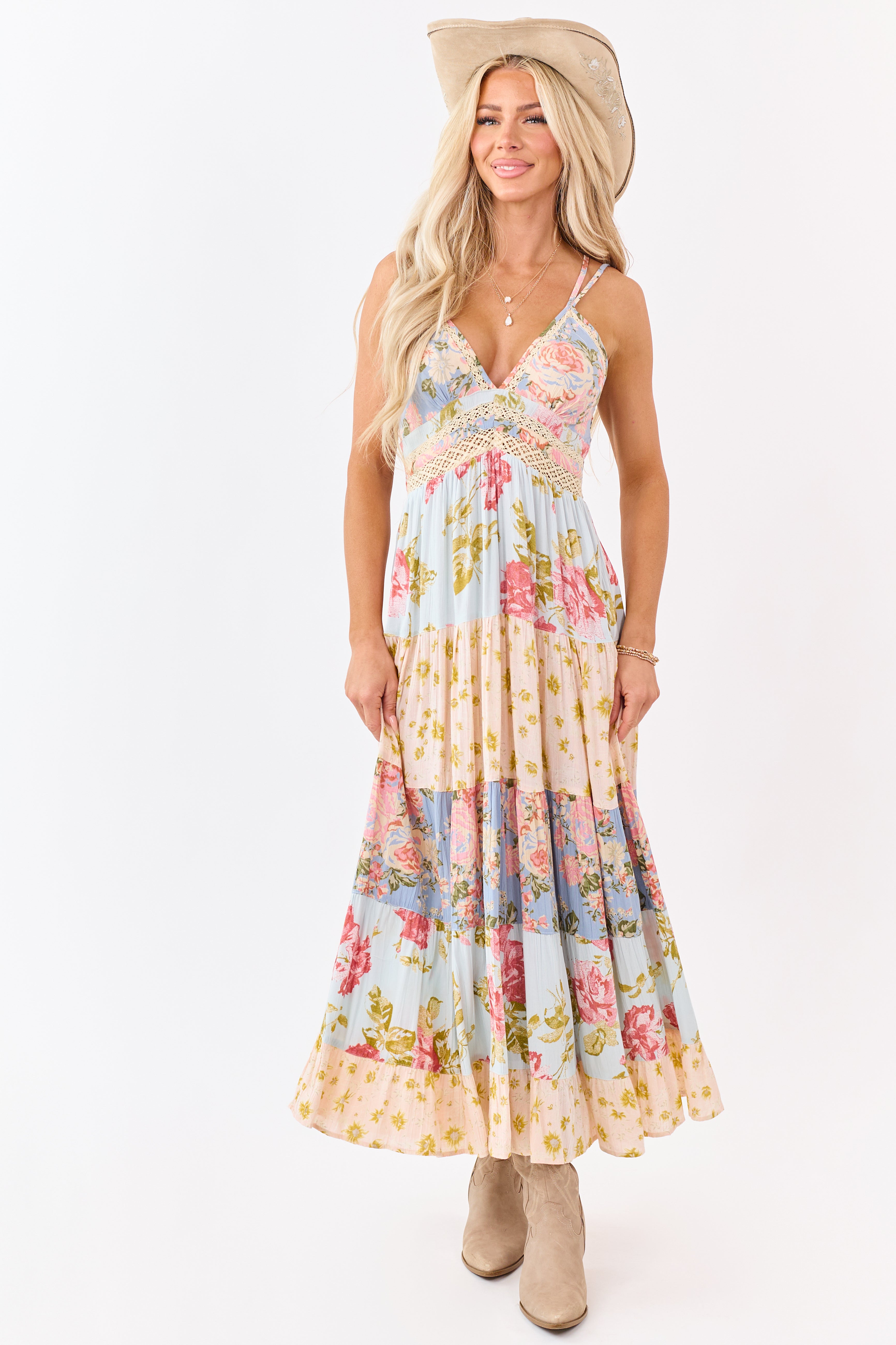 Sky Blue Tiered Mix Print Floral Lace Trim Maxi Dress Sky Blue Tiered Mix Print Floral Lace Trim Maxi Dress
