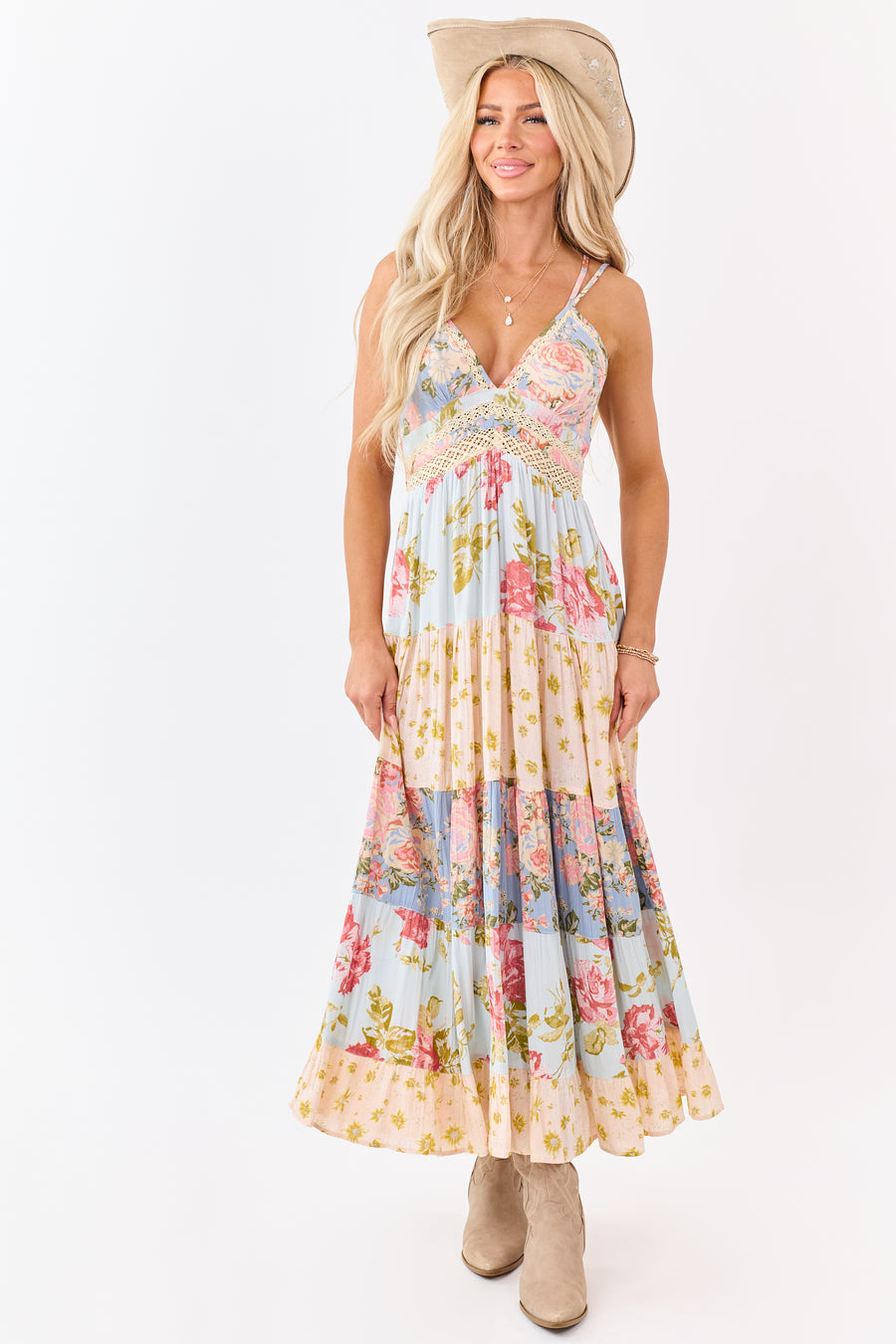 Sky Blue Tiered Mix Print Floral Lace Trim Maxi Dress