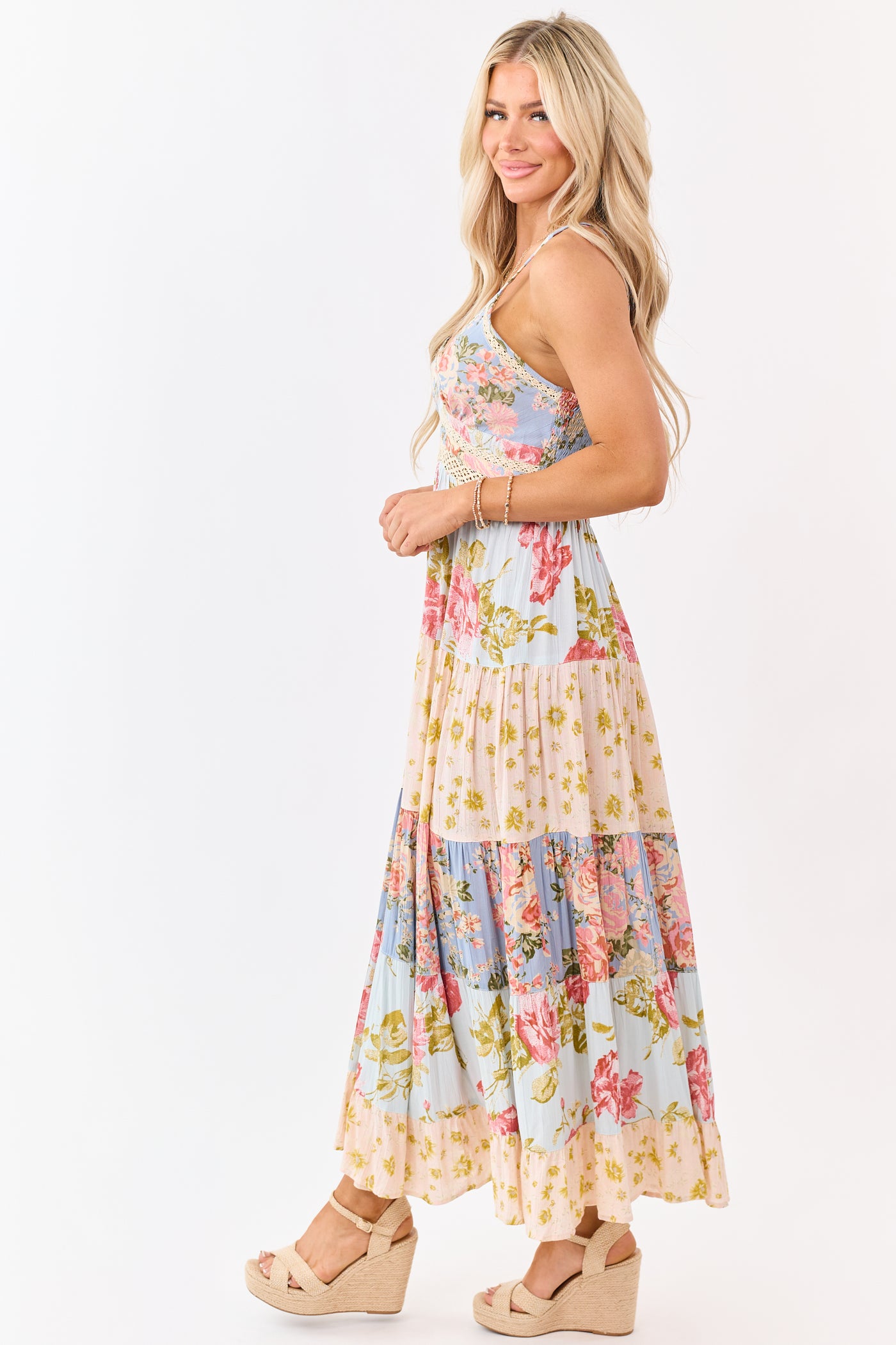 Sky Blue Tiered Mix Print Floral Lace Trim Maxi Dress