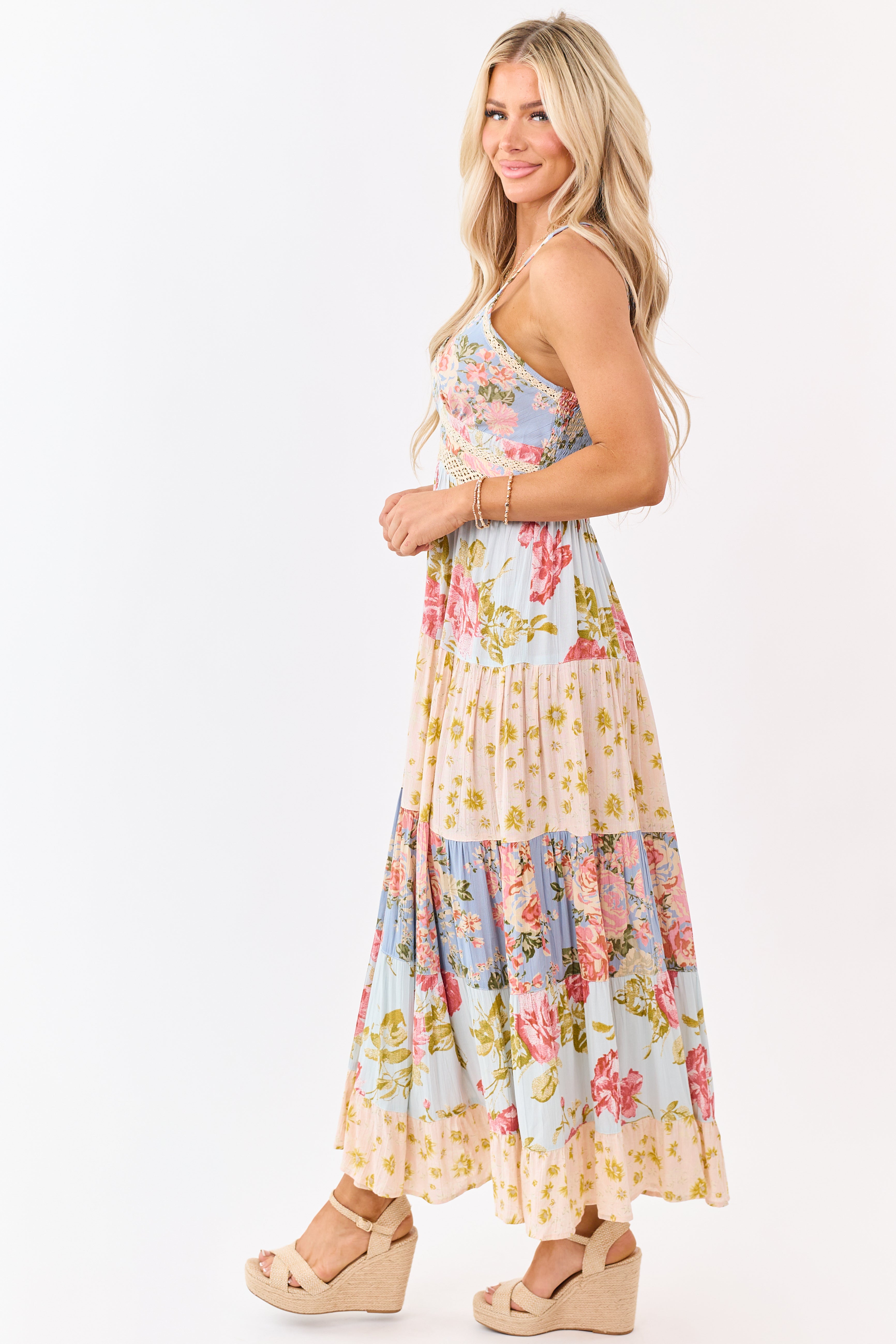Sky Blue Tiered Mix Print Floral Lace Trim Maxi Dress