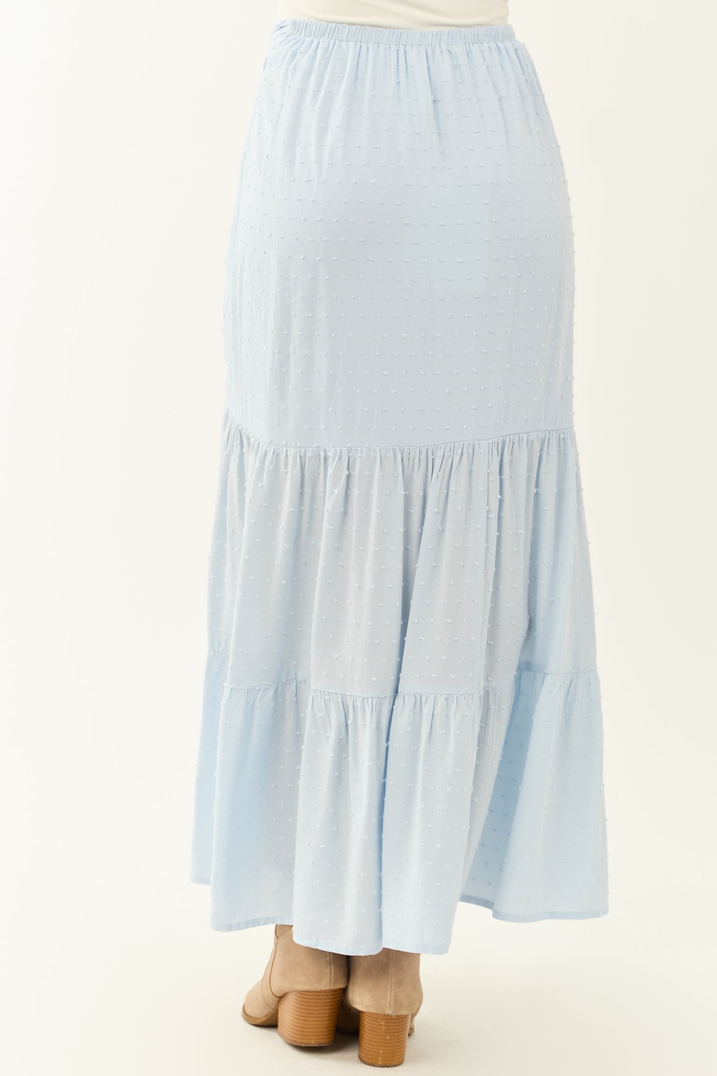 Sky Blue Tiered Swiss Dot High Slit Maxi Skirt