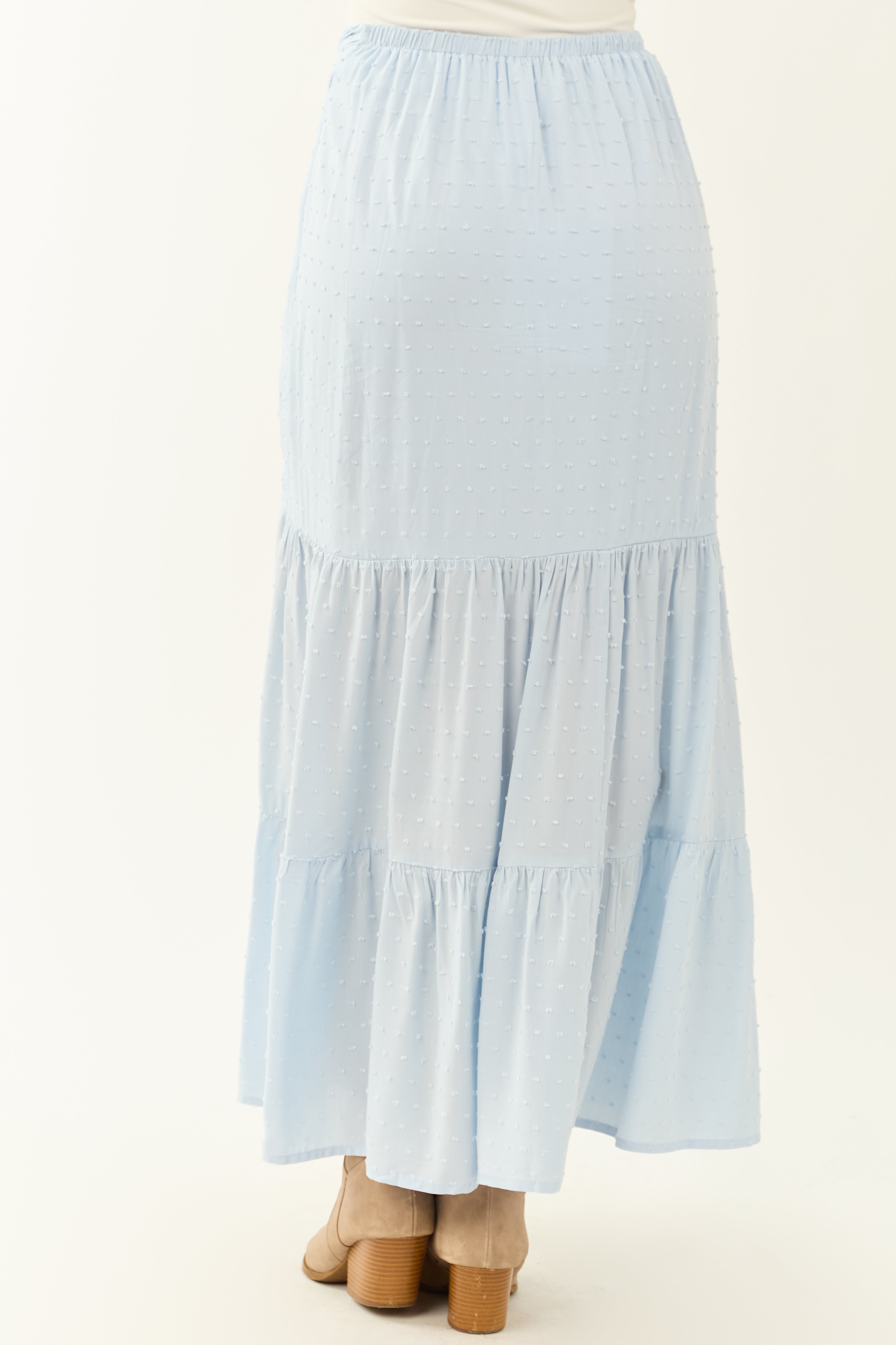 Sky Blue Tiered Swiss Dot High Slit Maxi Skirt