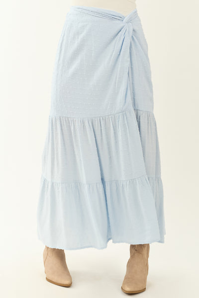 Sky Blue Tiered Swiss Dot High Slit Maxi Skirt