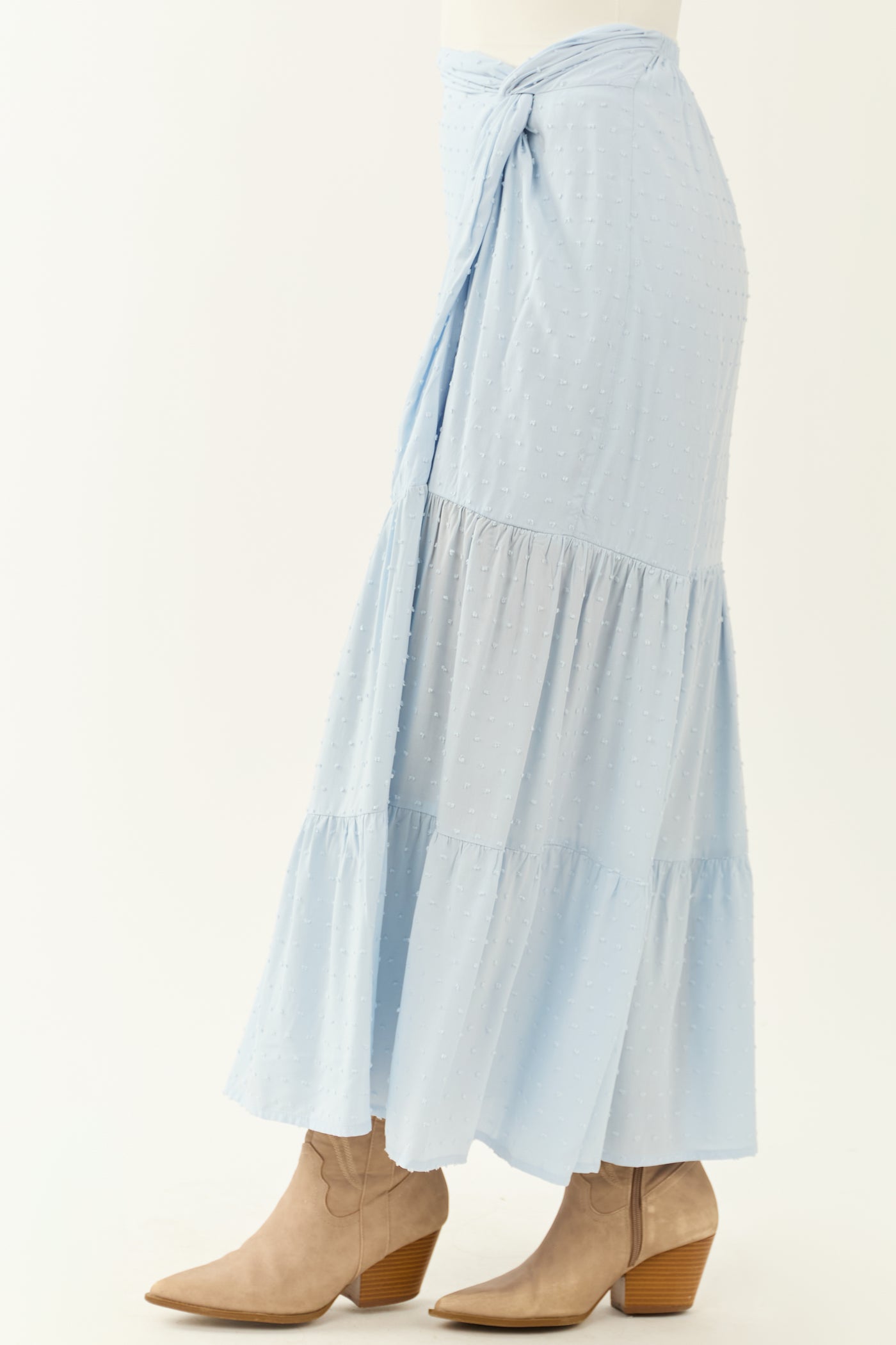 Sky Blue Tiered Swiss Dot High Slit Maxi Skirt