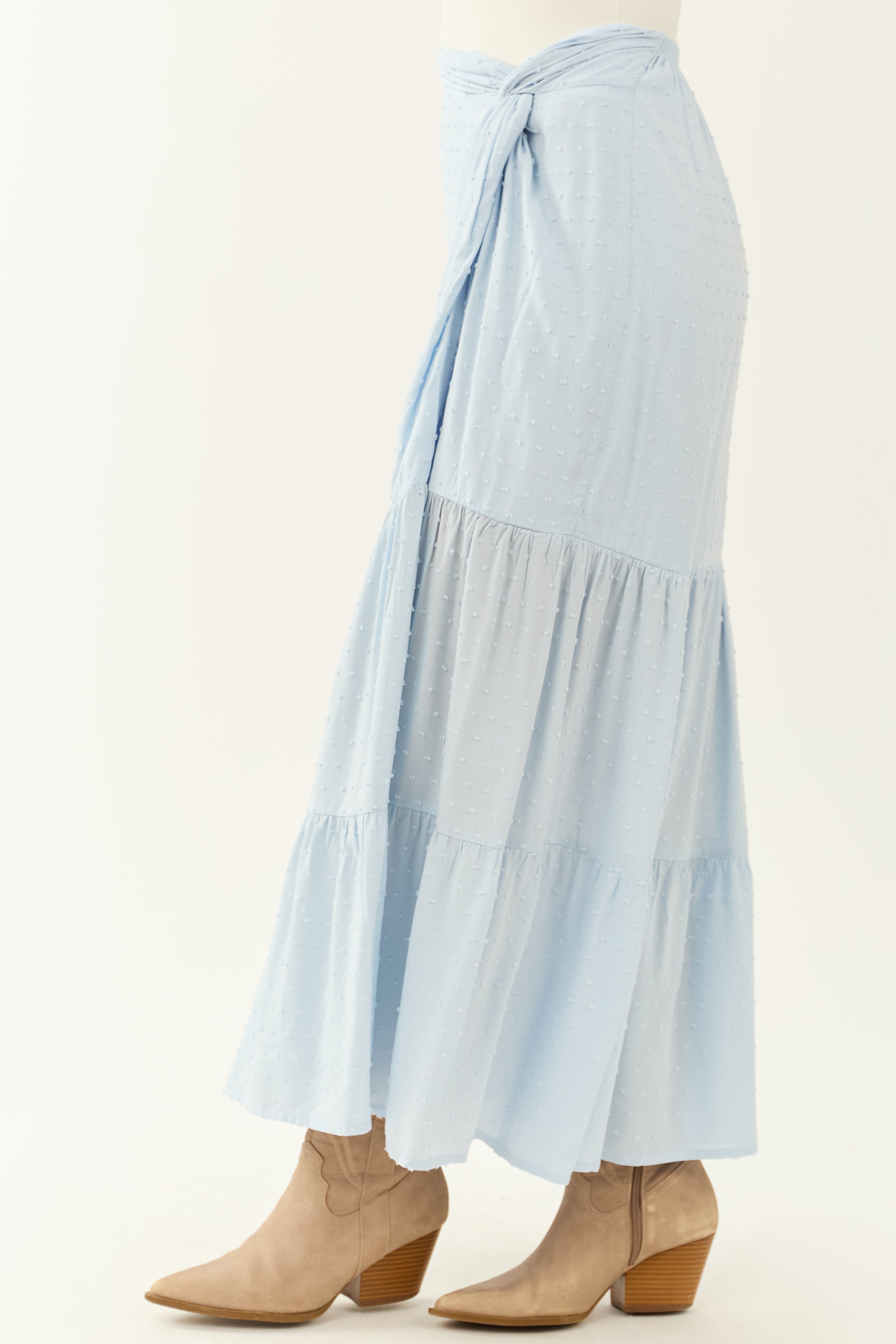 Sky Blue Tiered Swiss Dot High Slit Maxi Skirt