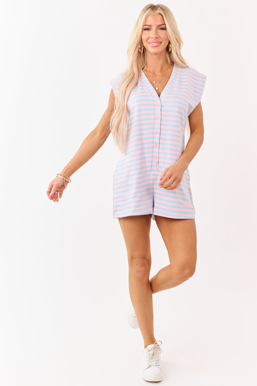 Sky Blue and Baby Pink Striped Knit Romper