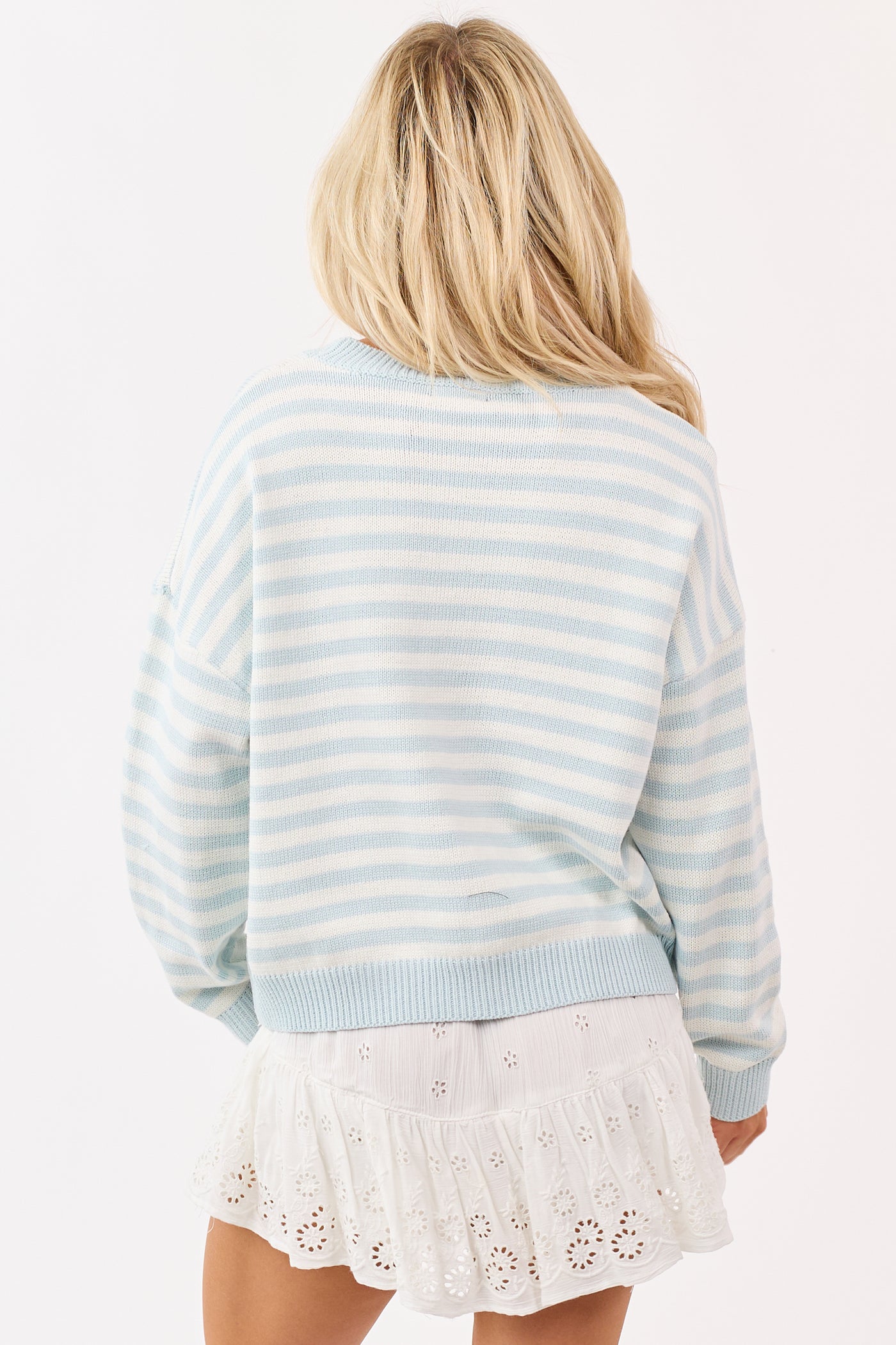 Sky Blue and Ivory Striped Ribbed Knit Sweater