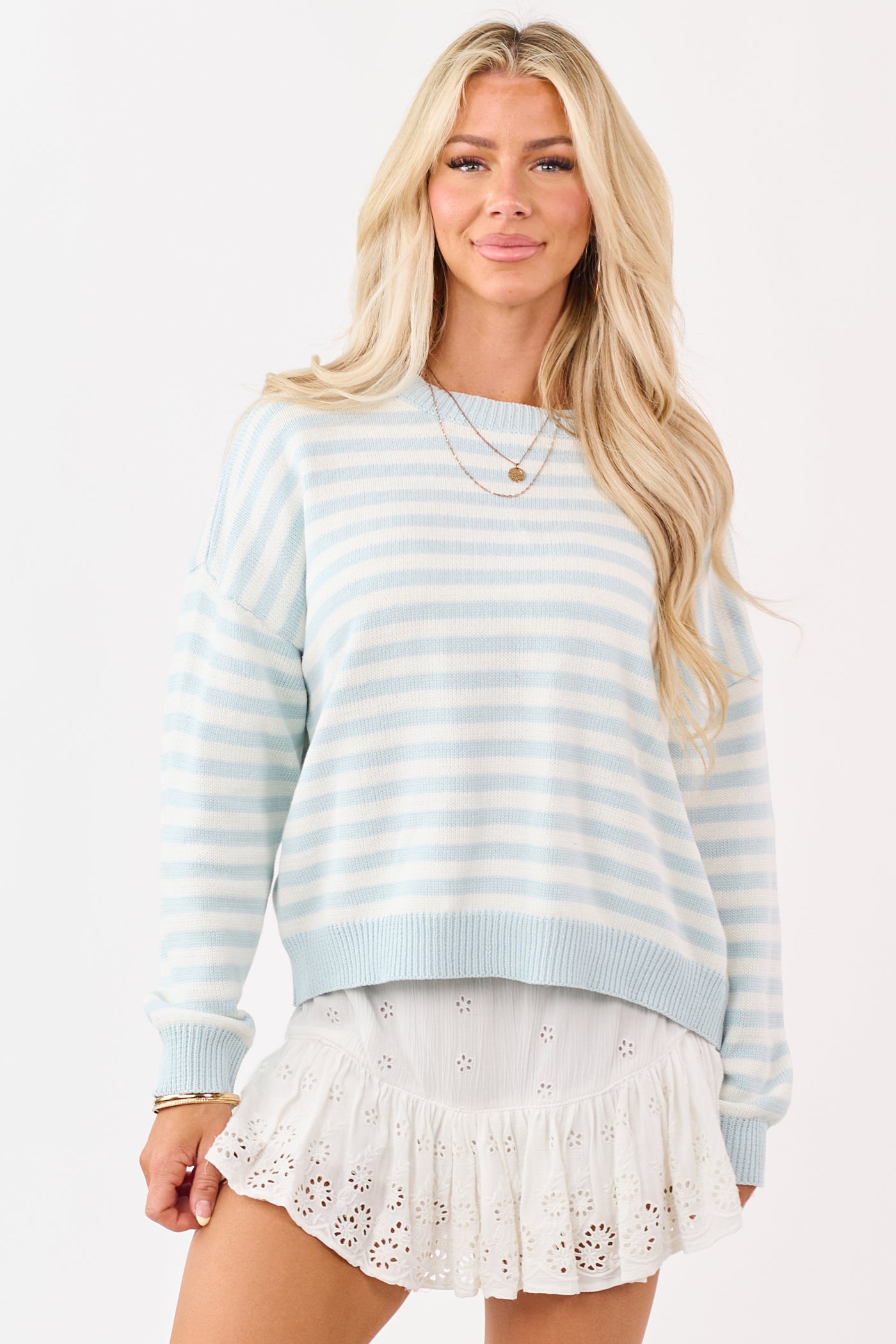 Sky Blue and Ivory Striped Ribbed Knit Sweater